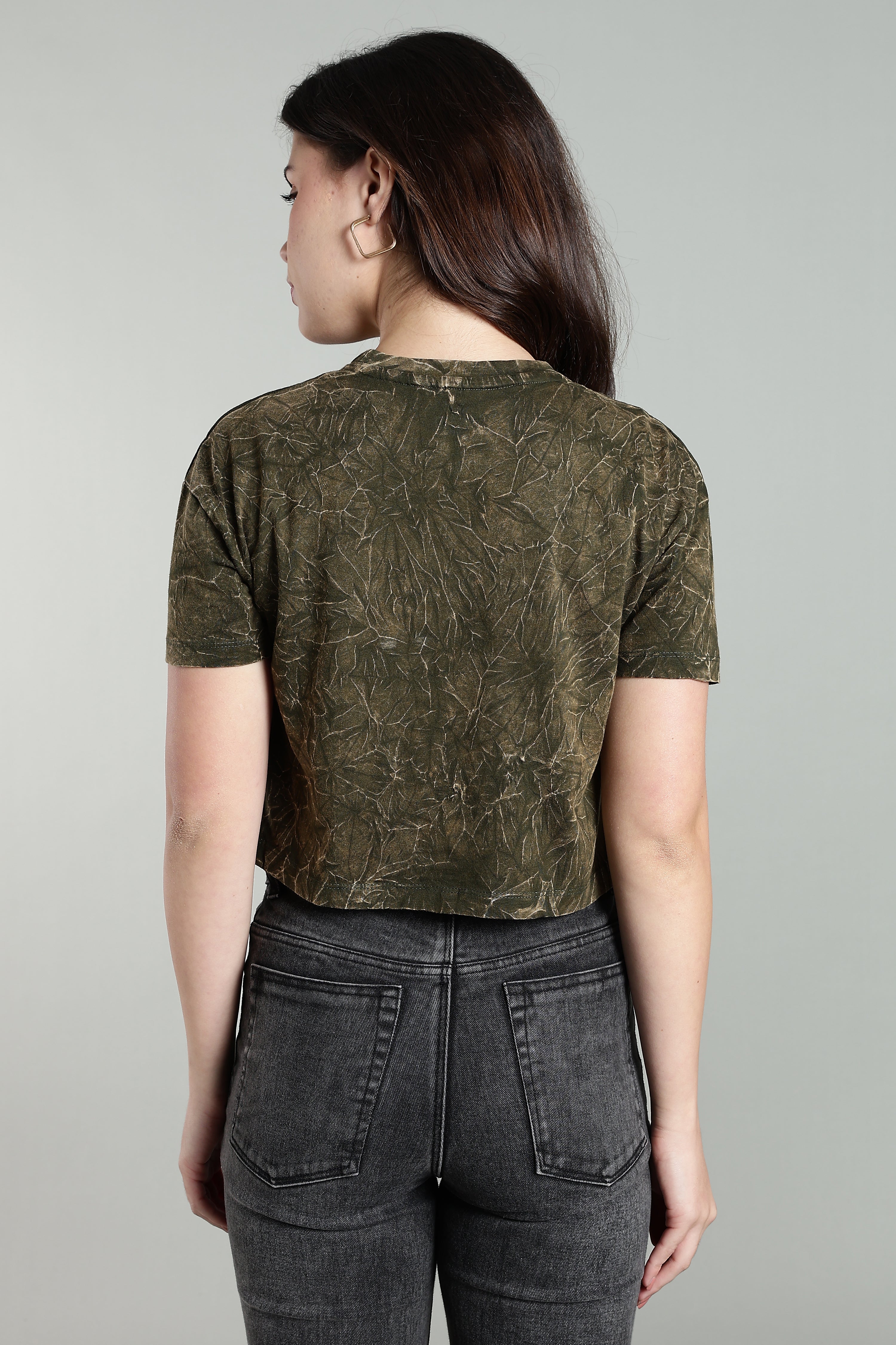 Womens Crop TOP Acid wash cotton Tshirt - Olive