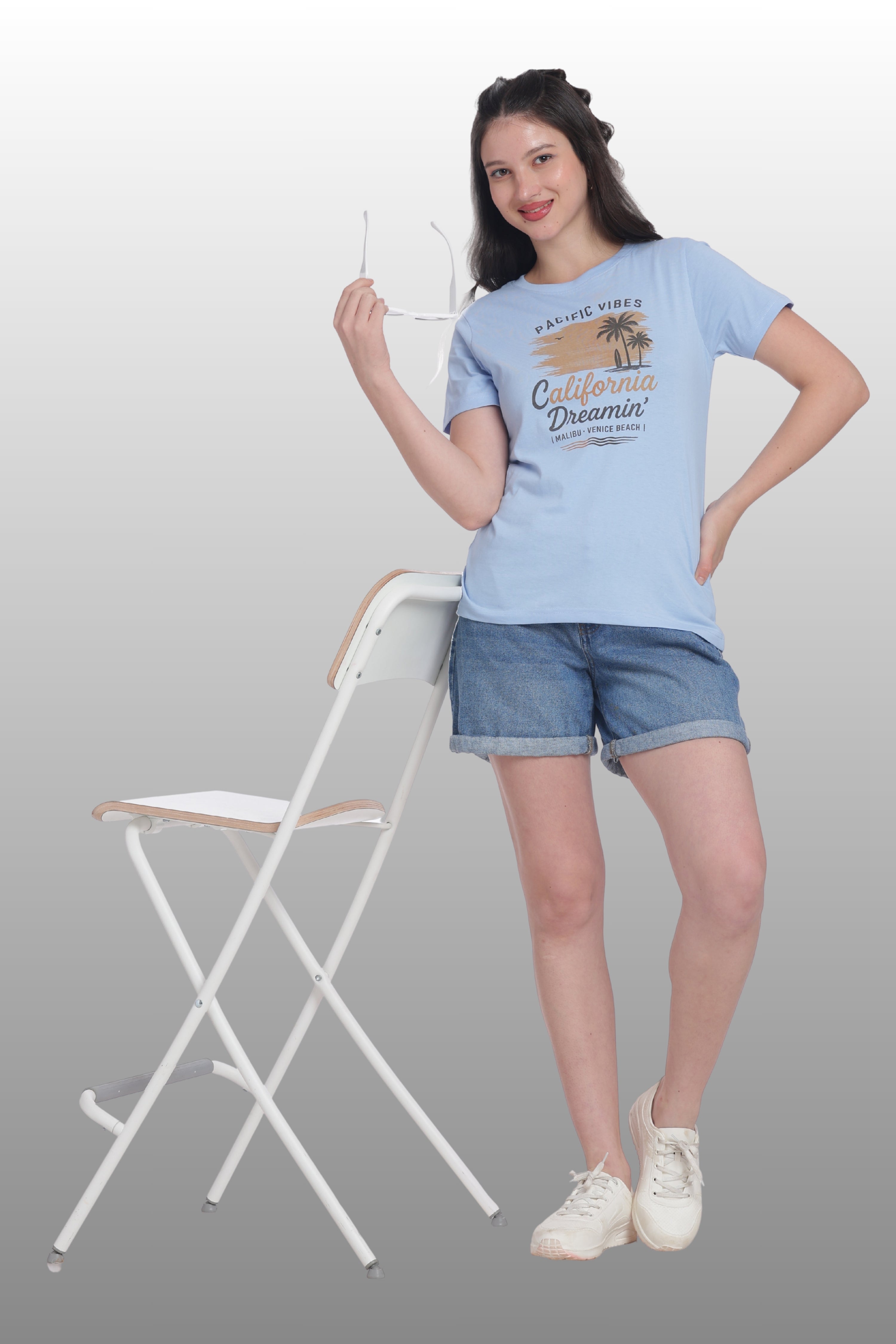 Womens Regular Fit Cotton Printed Tshirt - CALIFORNIA-LIGHT BLUE
