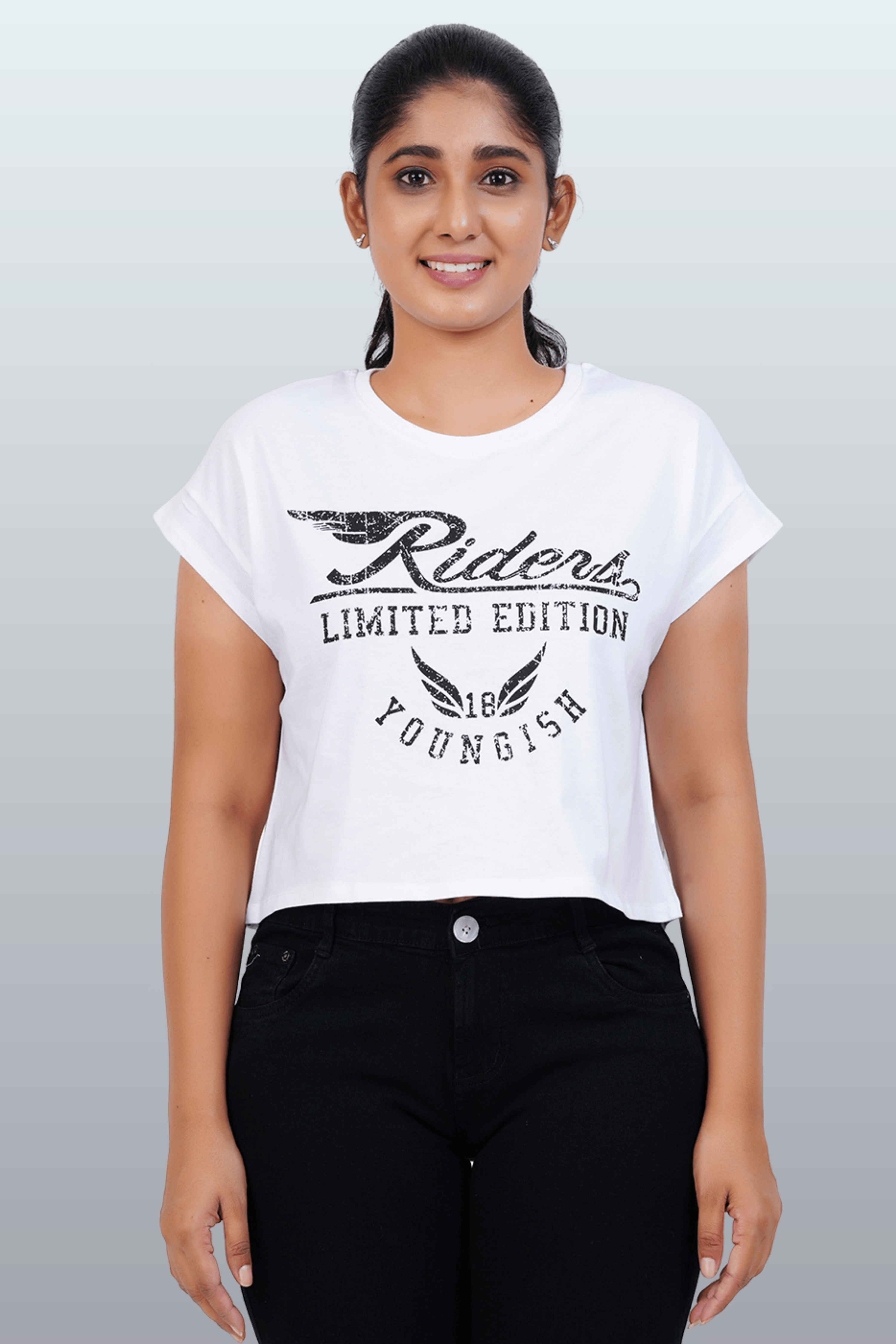 Womens Crop TOP Cotton Printed Tshirt - YOUNGISH WHITE