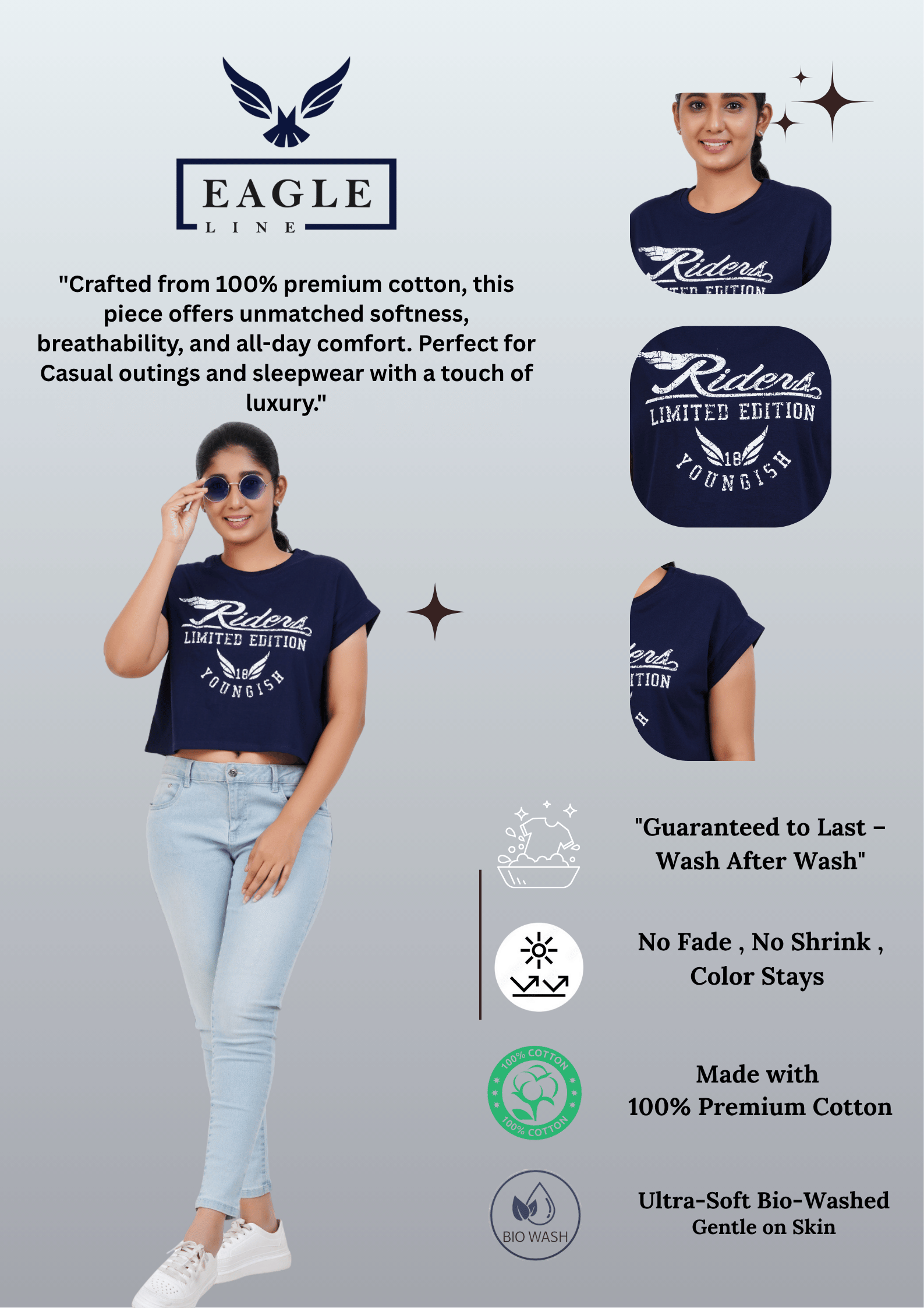 Womens Crop TOP Cotton Printed Tshirt - YOUNGISH NAVY