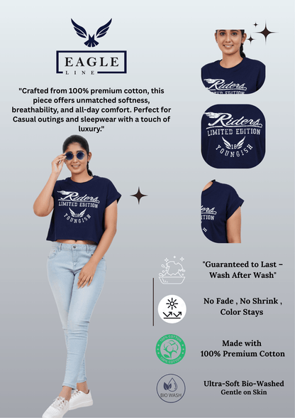 Womens Crop TOP Cotton Printed Tshirt - YOUNGISH NAVY