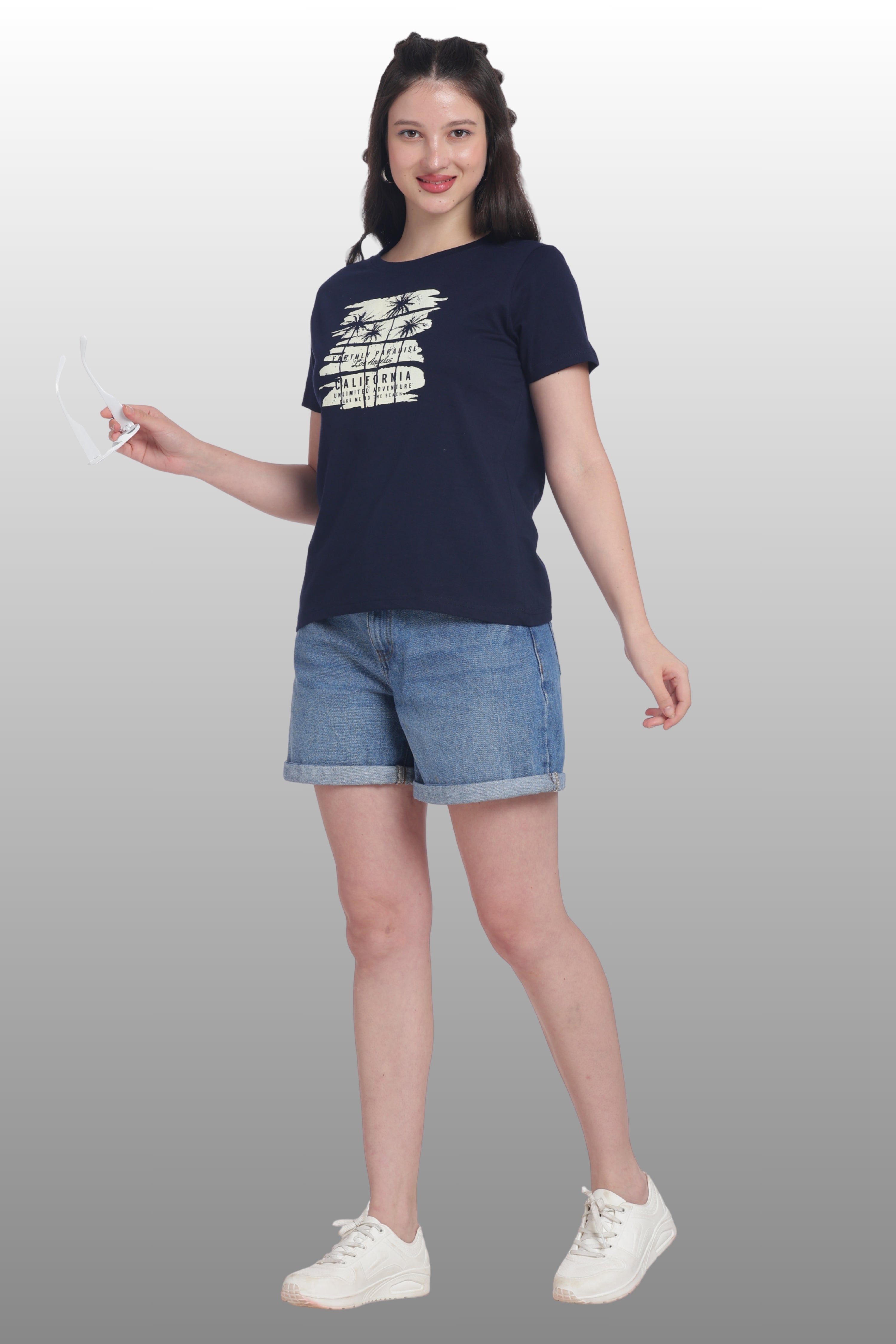 Womens Regular Fit Cotton Printed Tshirt - CALIFORNIA-NAVY