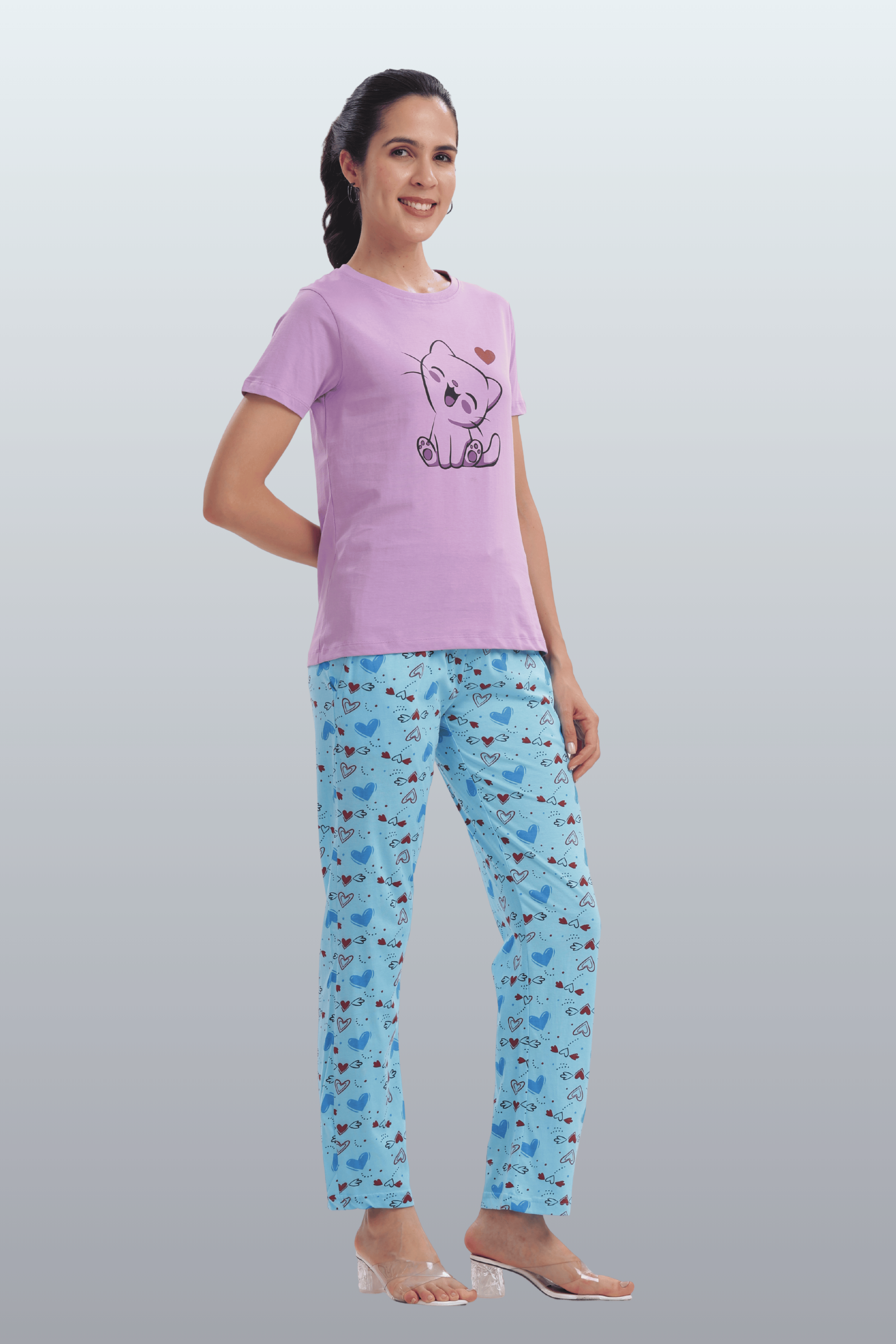 Women's Cotton Printed T-Shirt & Pajama Set | Comfortable Nightwear-CAT LOVE