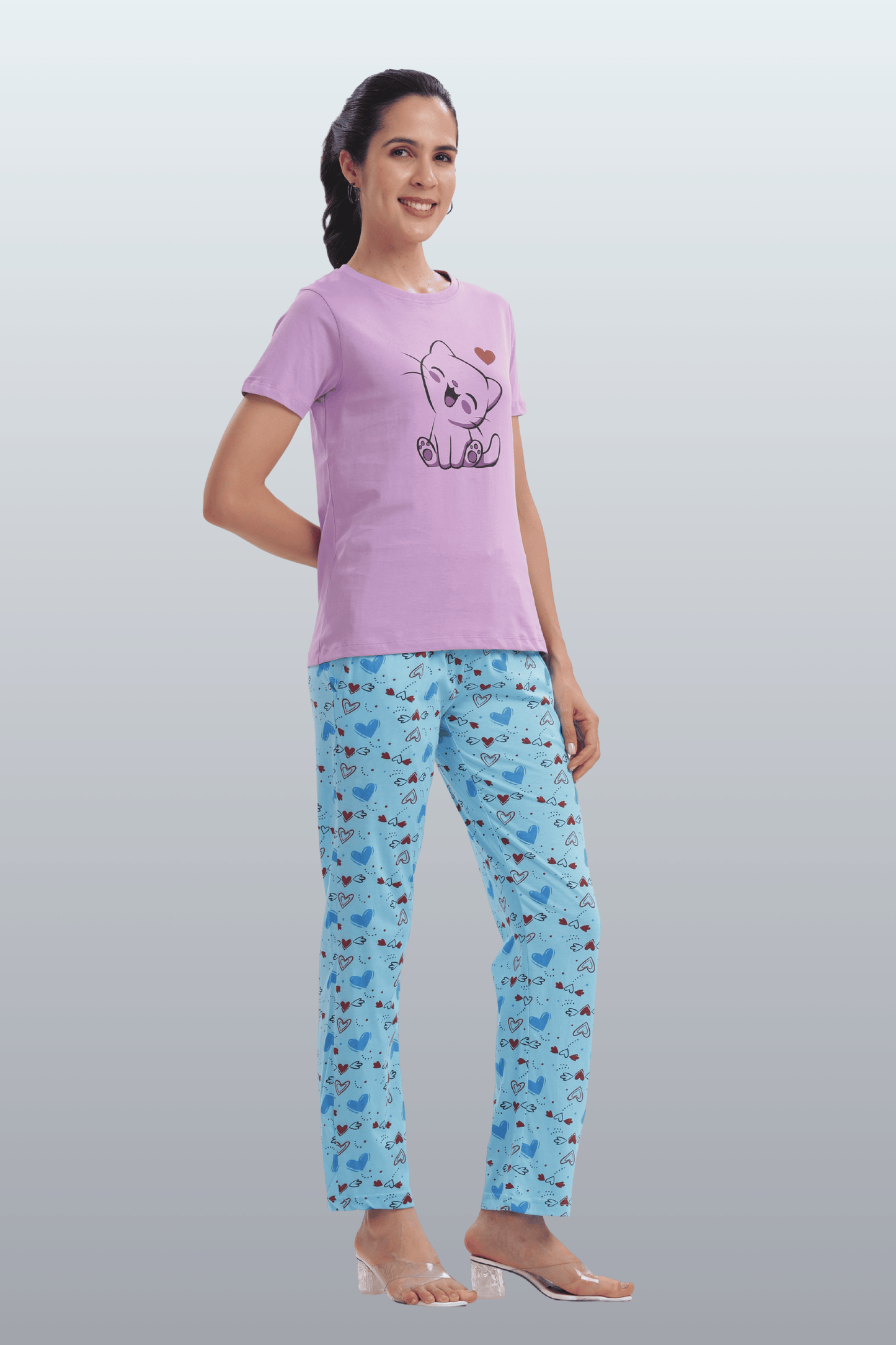 Women's Cotton Printed T-Shirt & Pajama Set | Comfortable Nightwear-CAT LOVE