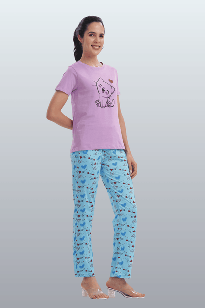 Women's Cotton Printed T-Shirt & Pajama Set | Comfortable Nightwear-CAT LOVE