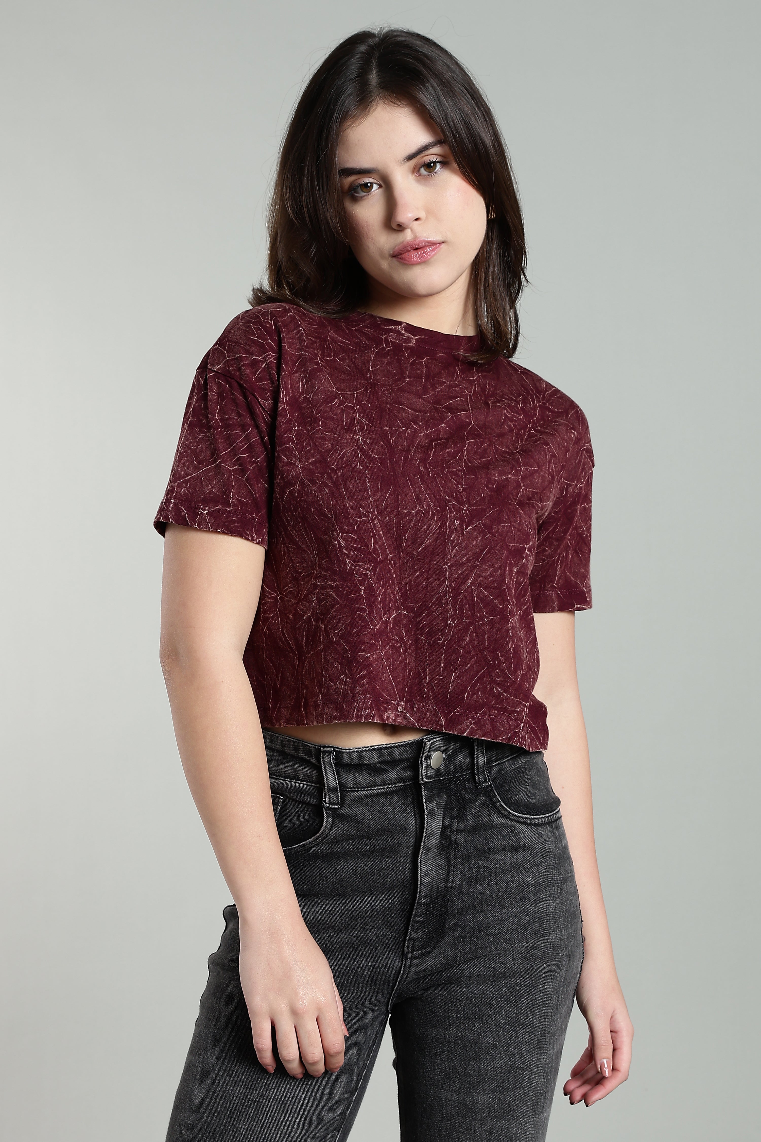 Womens Crop TOP Acid wash cotton Tshirt - WINE