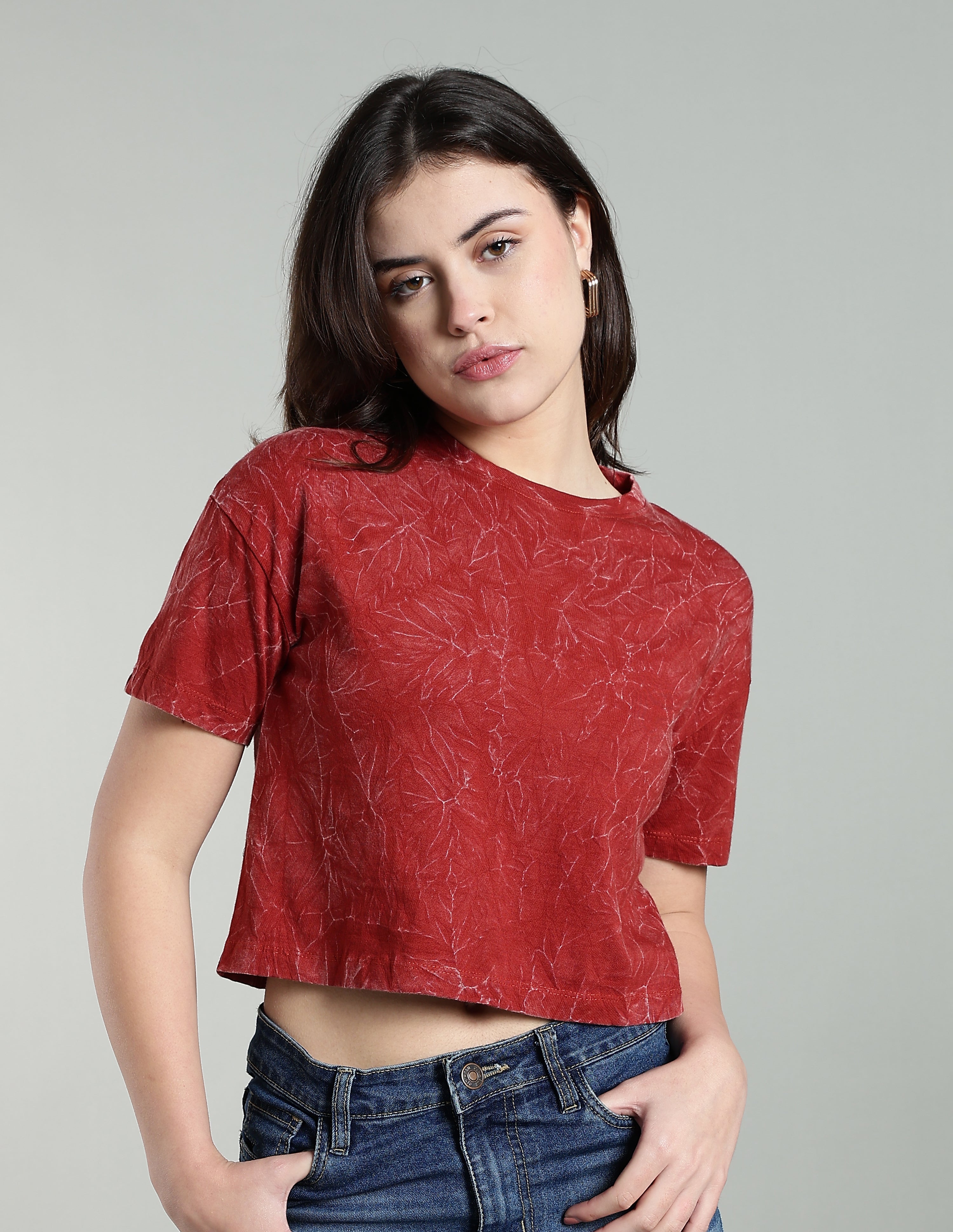 Womens Crop TOP Acid wash cotton Tshirt - RUST