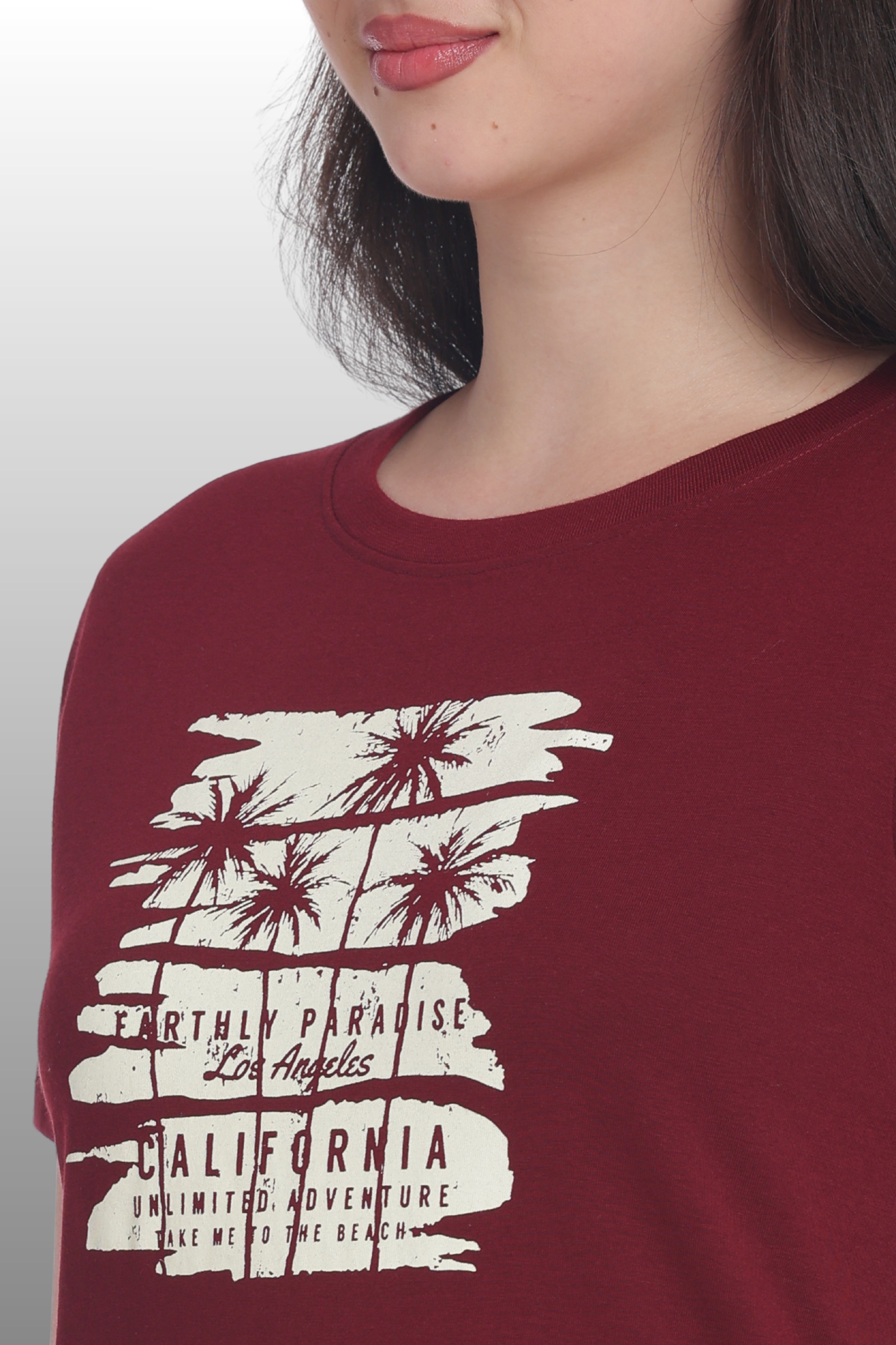 Womens Regular Fit Cotton Printed Tshirt - CALIFORNIA-MAROON