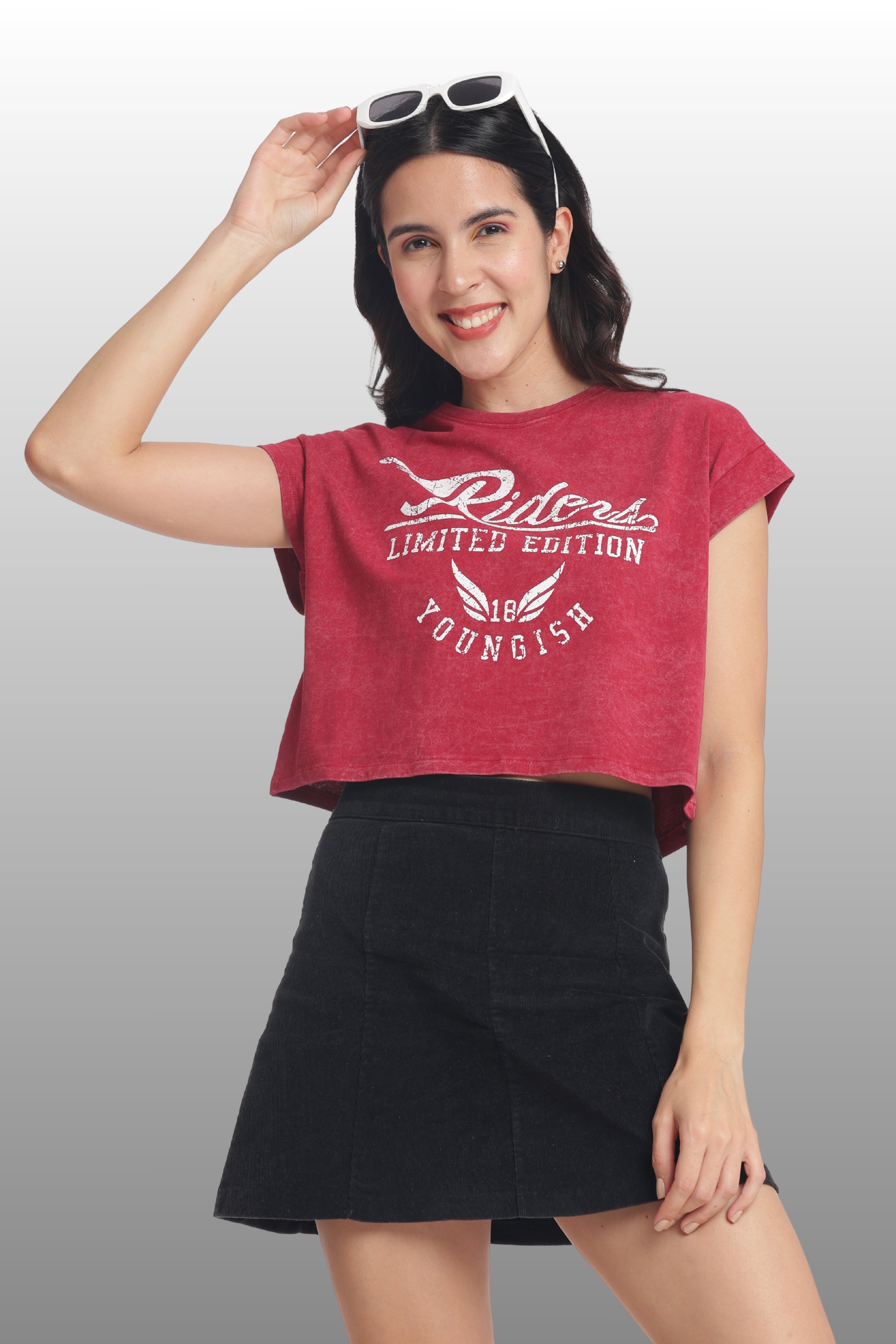 Womens Crop TOP Cotton Printed Tshirt - RIDERS BUGUNDY
