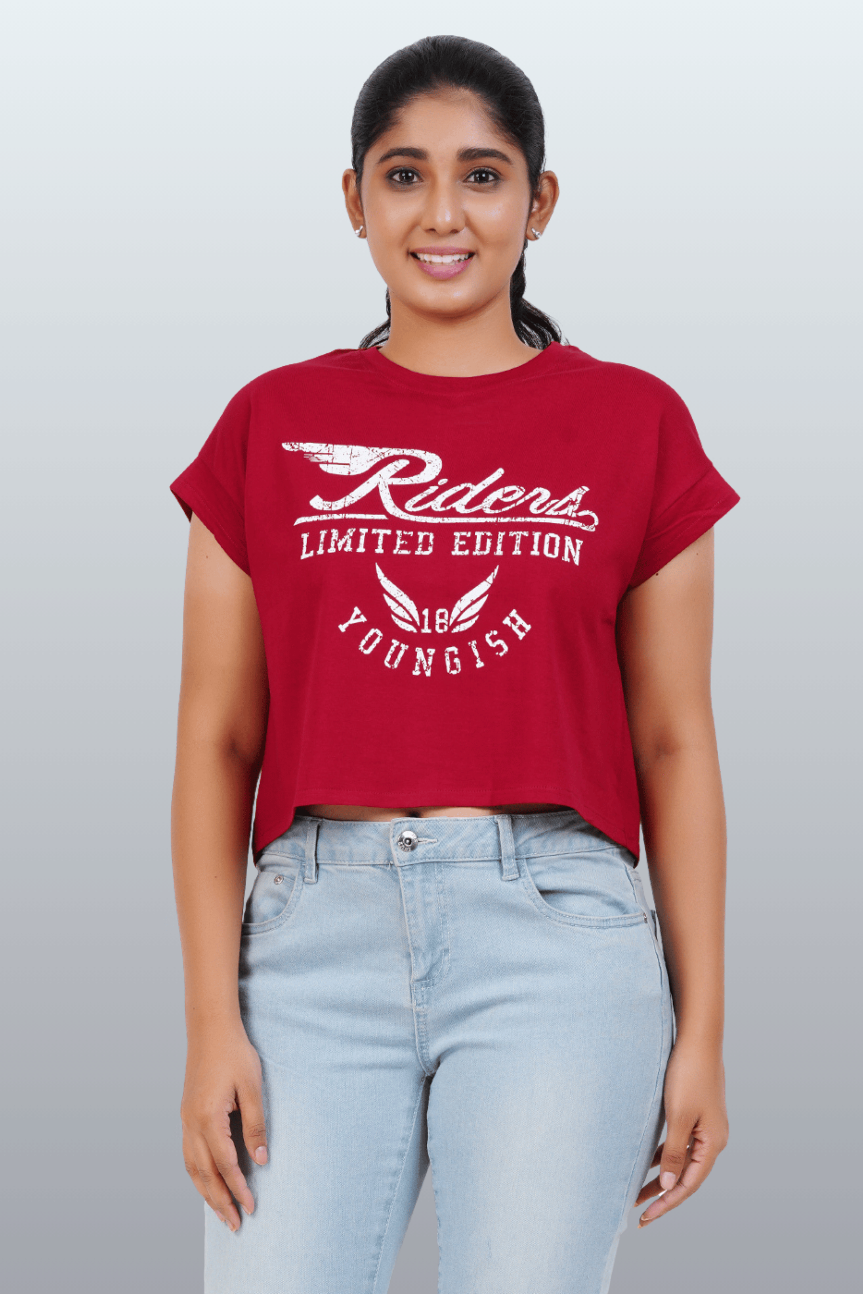 Womens Crop TOP Cotton Printed Tshirt - YOUNGISH BURGUNDY