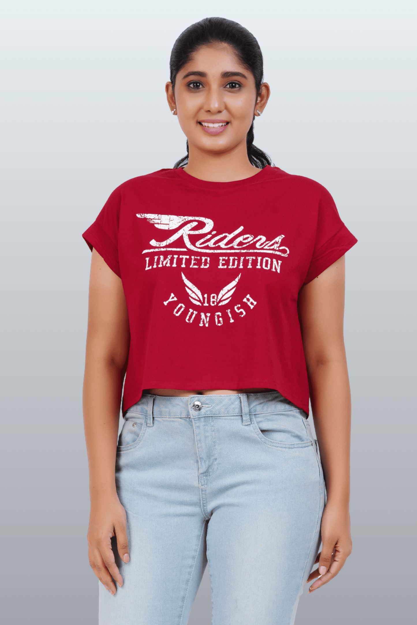 Womens Crop TOP Cotton Printed Tshirt - YOUNGISH BURGUNDY