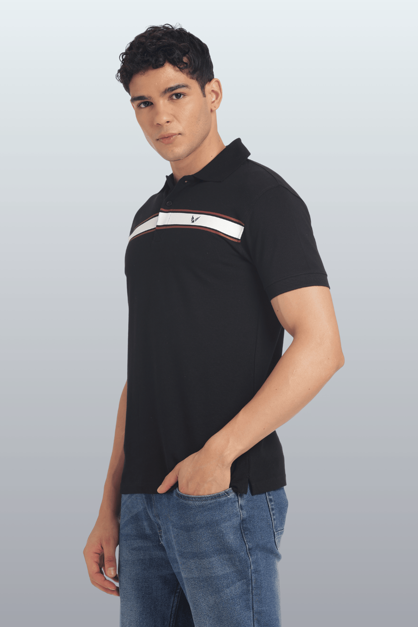 Men's Cotton Rich Polo T Shirt Regular Fit - BLACK STRIPE PRINT