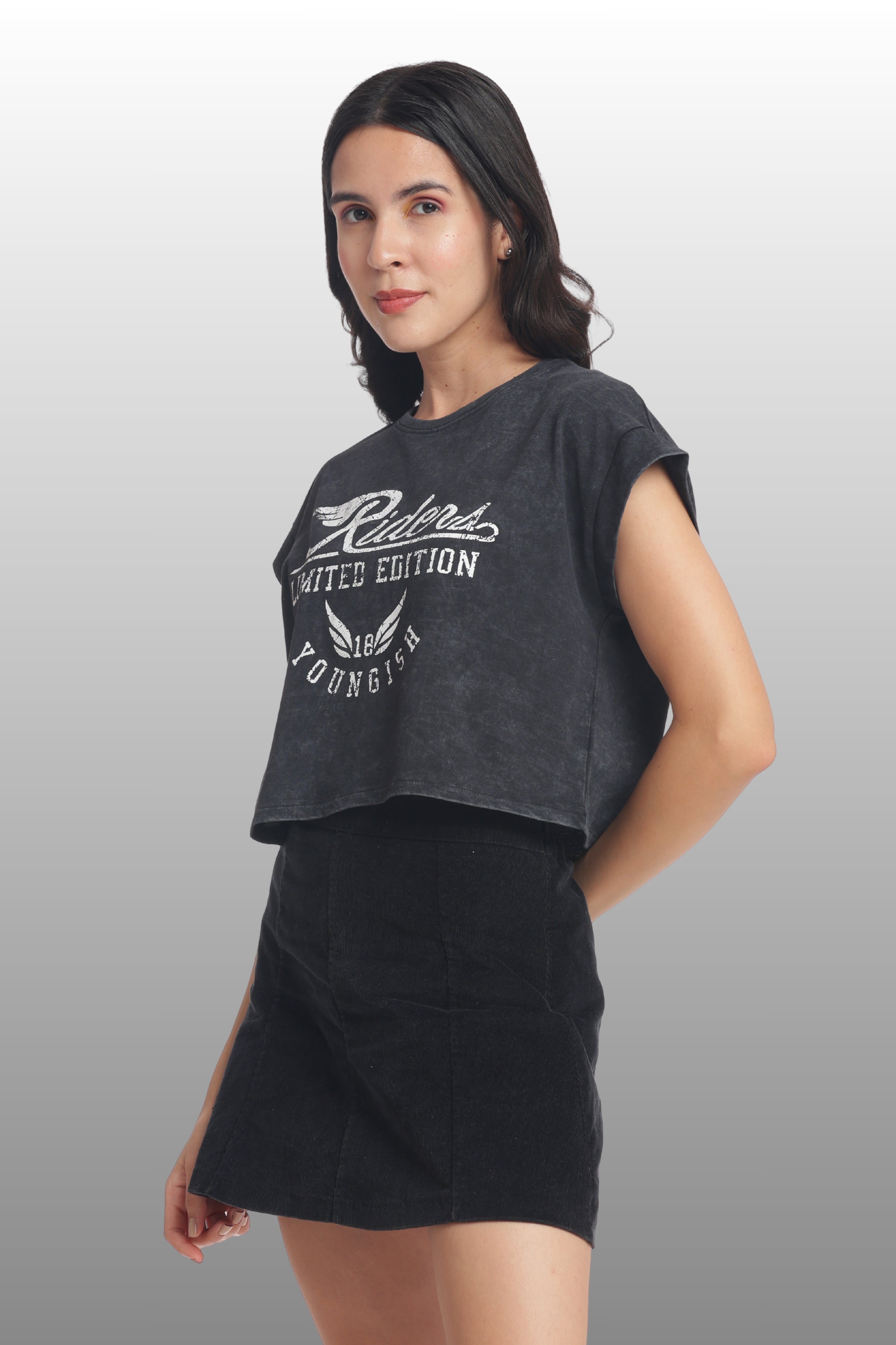 Womens Crop TOP Cotton Printed Tshirt - RIDERS BLACK