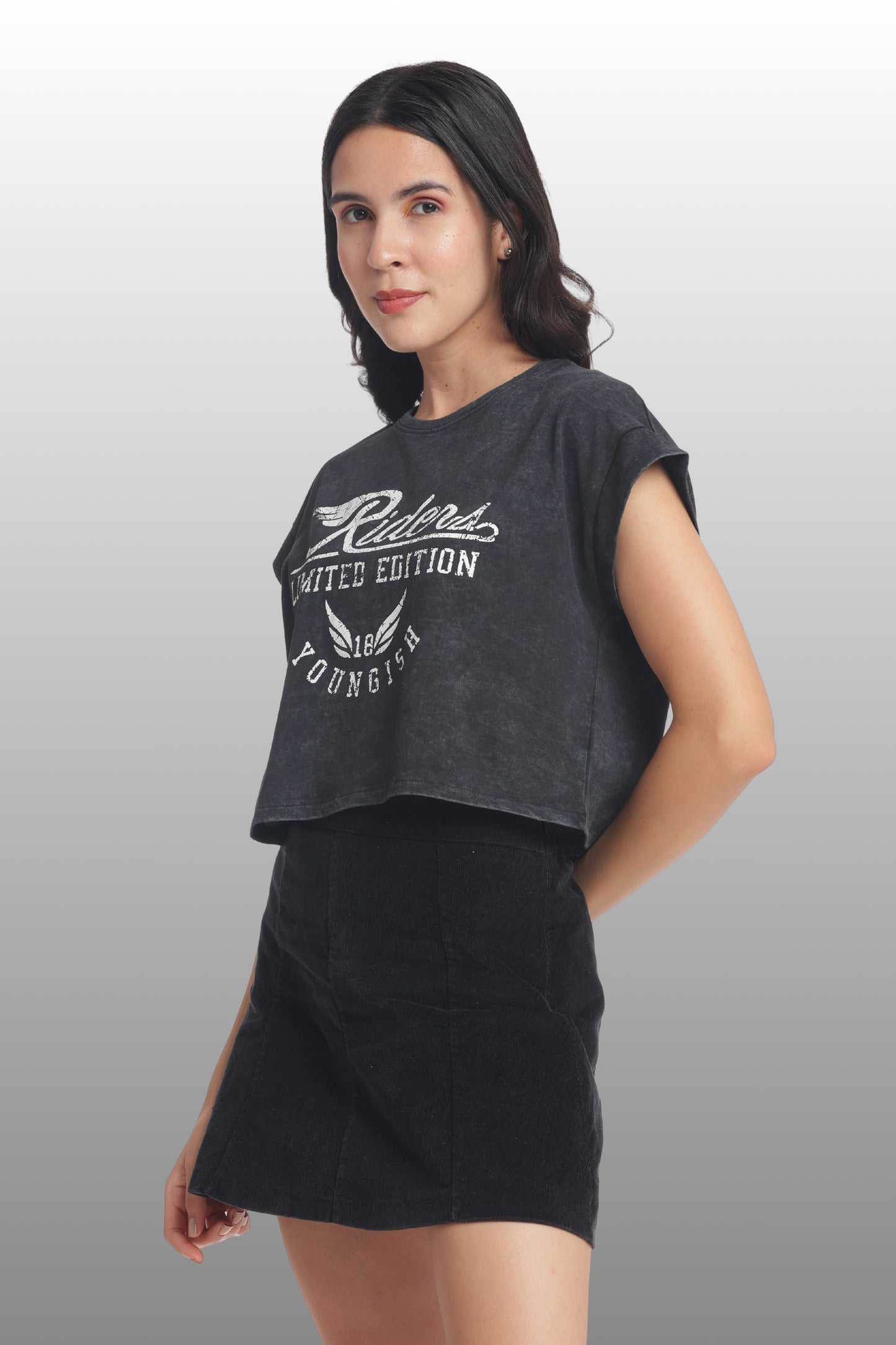 Womens Crop TOP Cotton Printed Tshirt - RIDERS BLACK