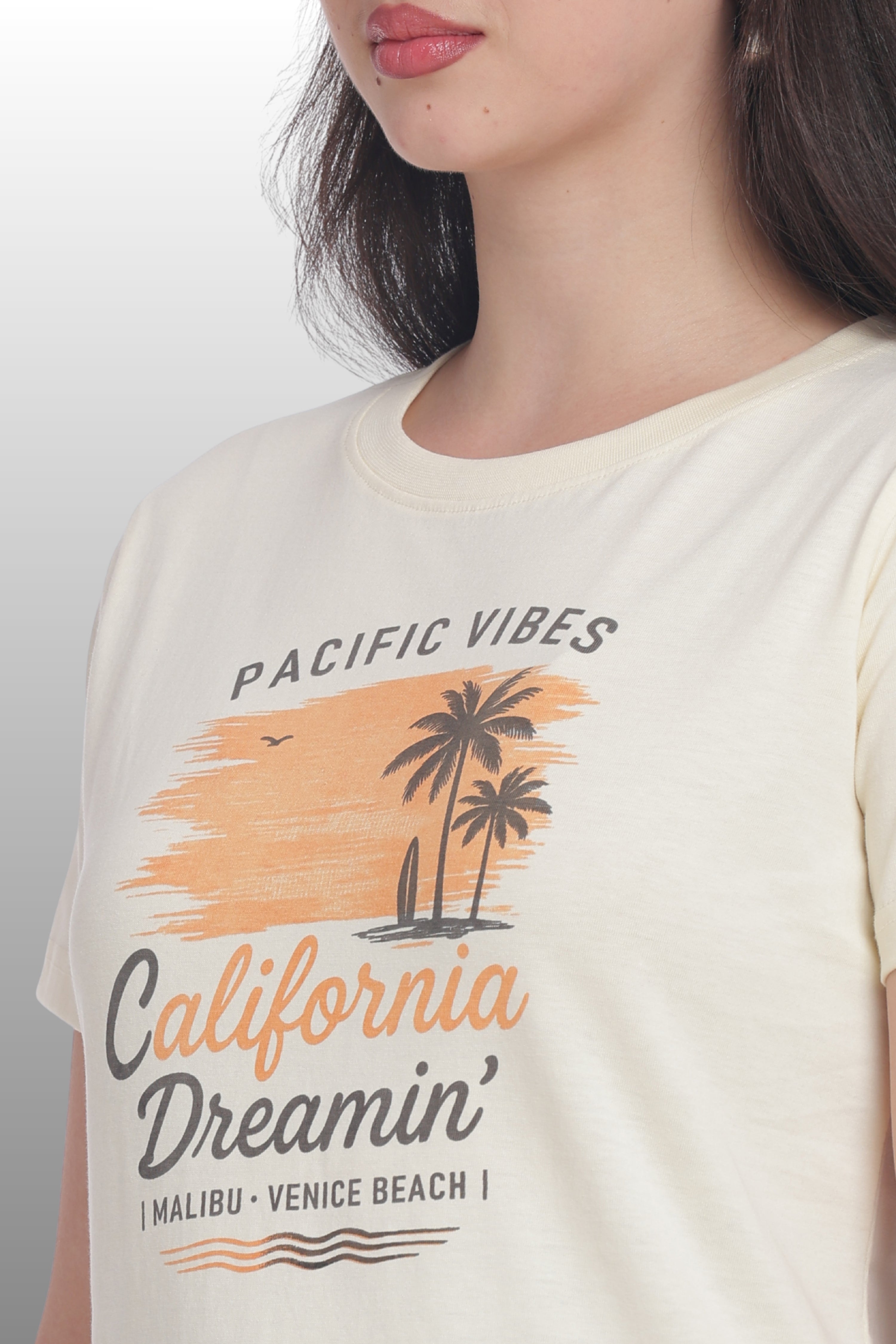 Womens Regular Fit Cotton Printed Tshirt - CALIFORNIA-CREAM
