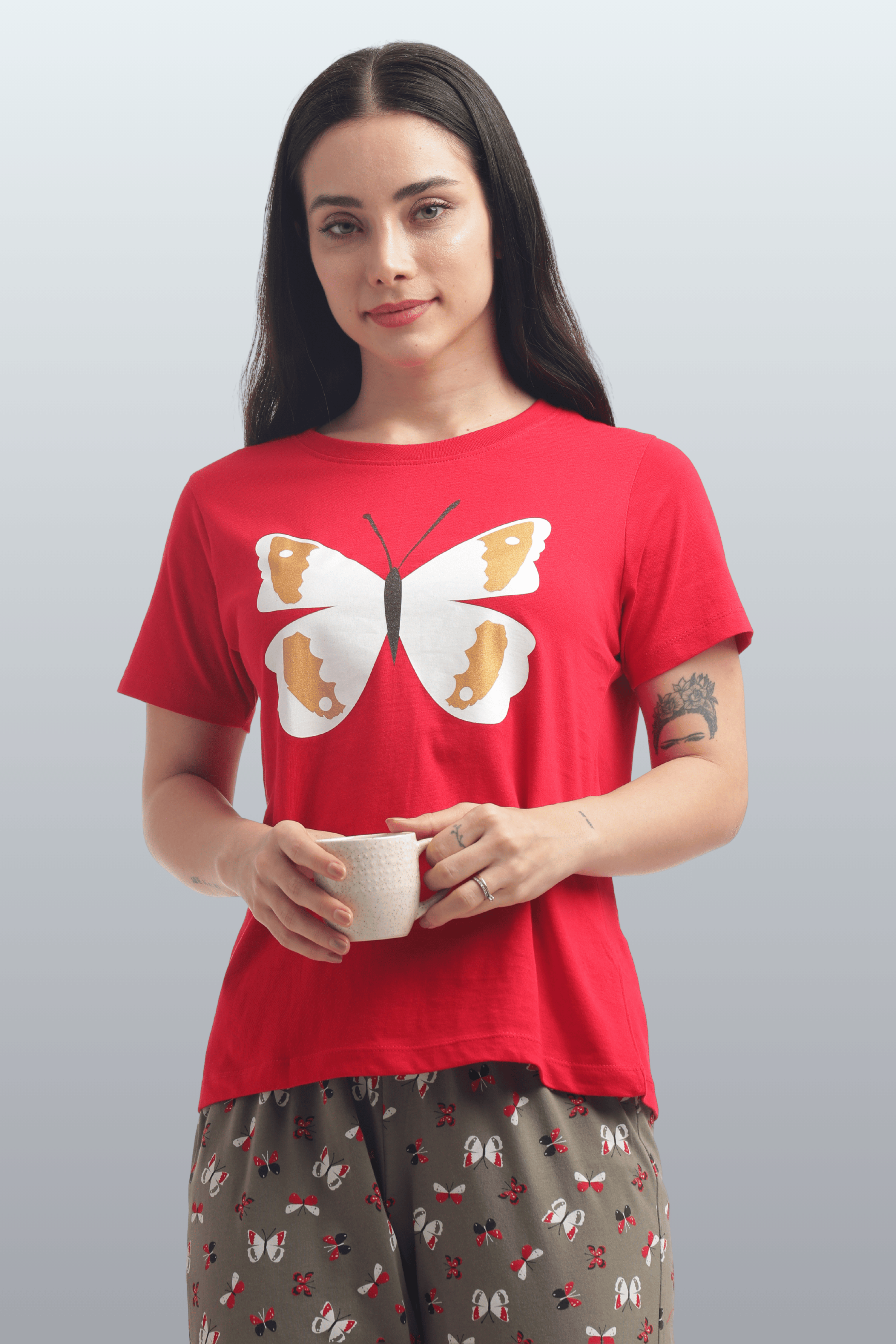 Women's Cotton Printed T-Shirt & Pajama Set | Comfortable Nightwear - BUTTERFLY