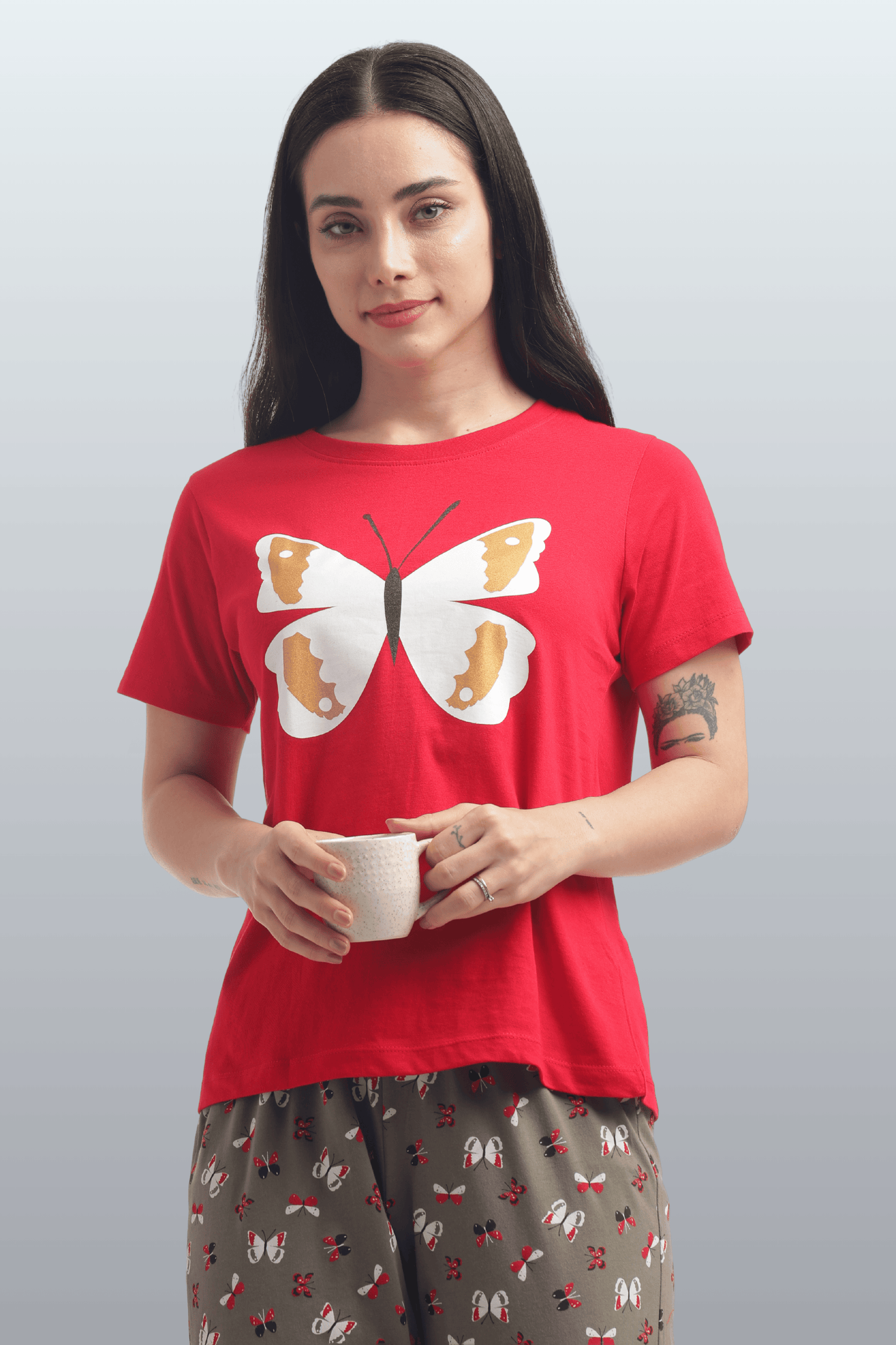Women's Cotton Printed T-Shirt & Pajama Set | Comfortable Nightwear - BUTTERFLY