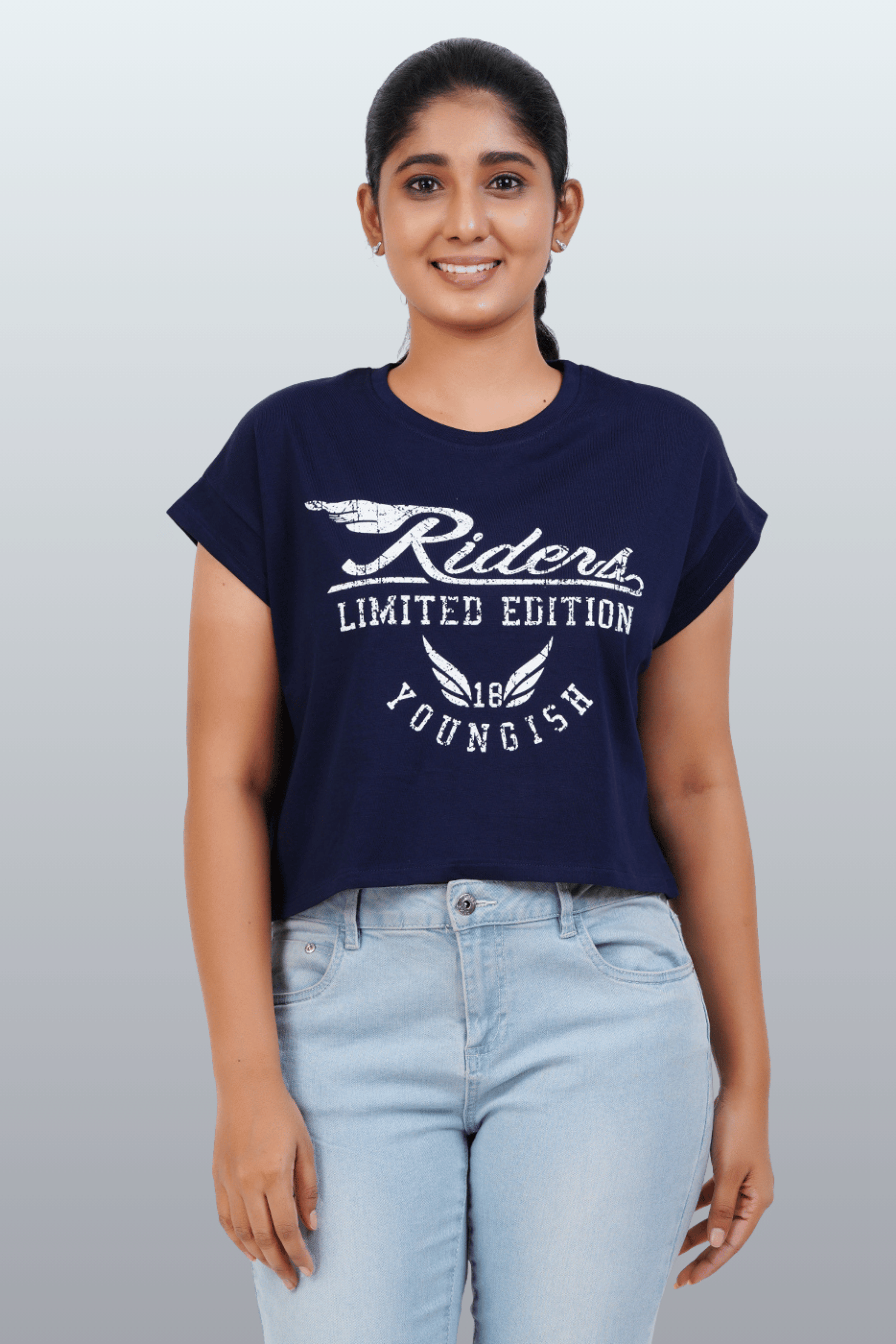 Womens Crop TOP Cotton Printed Tshirt - YOUNGISH NAVY