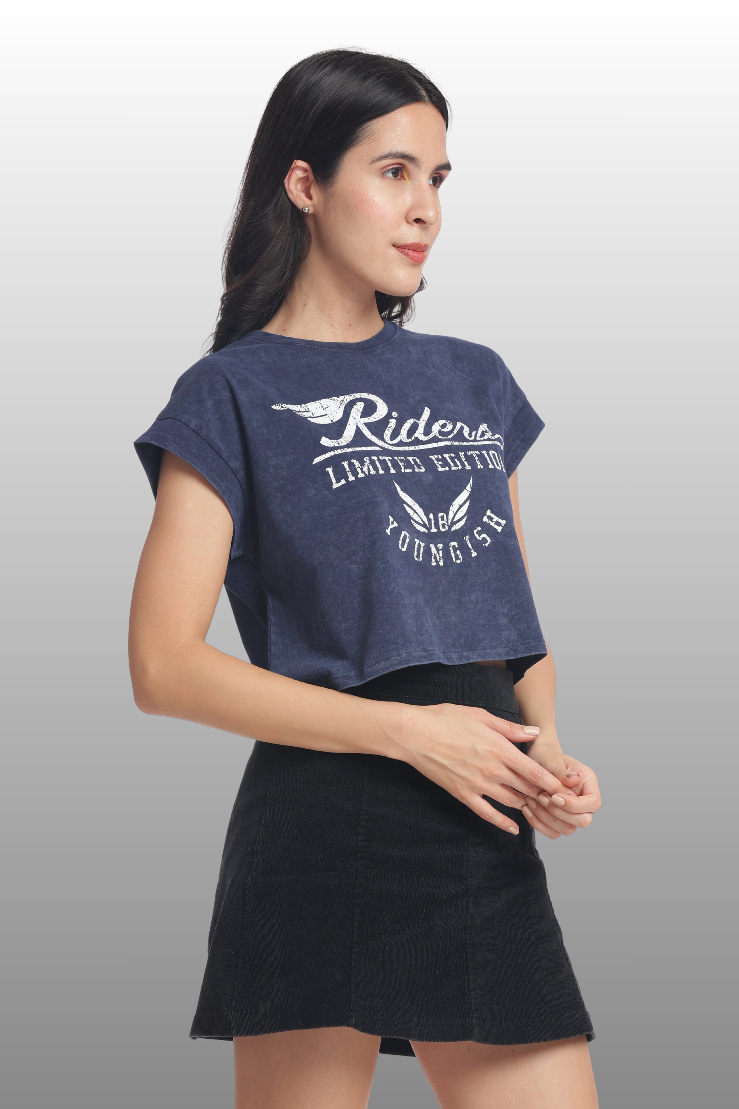 Womens Crop TOP Cotton Printed Tshirt - RIDERS NAVY