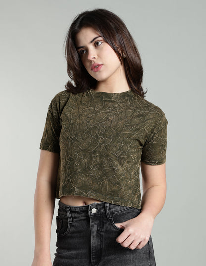 Womens Crop TOP Acid wash cotton Tshirt - Olive