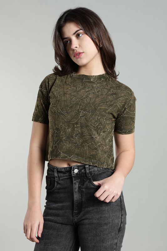 Womens Crop TOP Acid wash cotton Tshirt - Olive