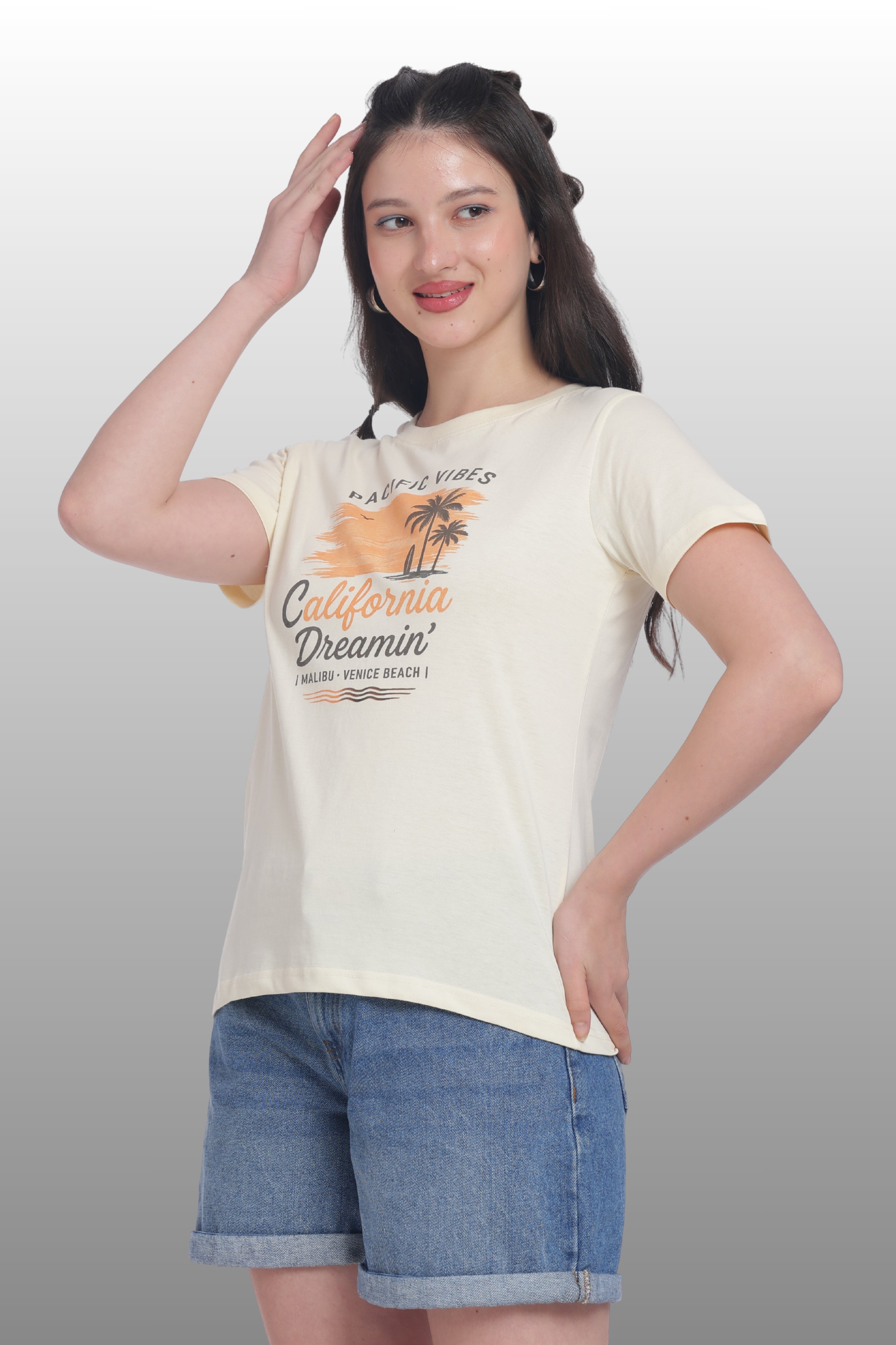 Womens Regular Fit Cotton Printed Tshirt - CALIFORNIA-CREAM