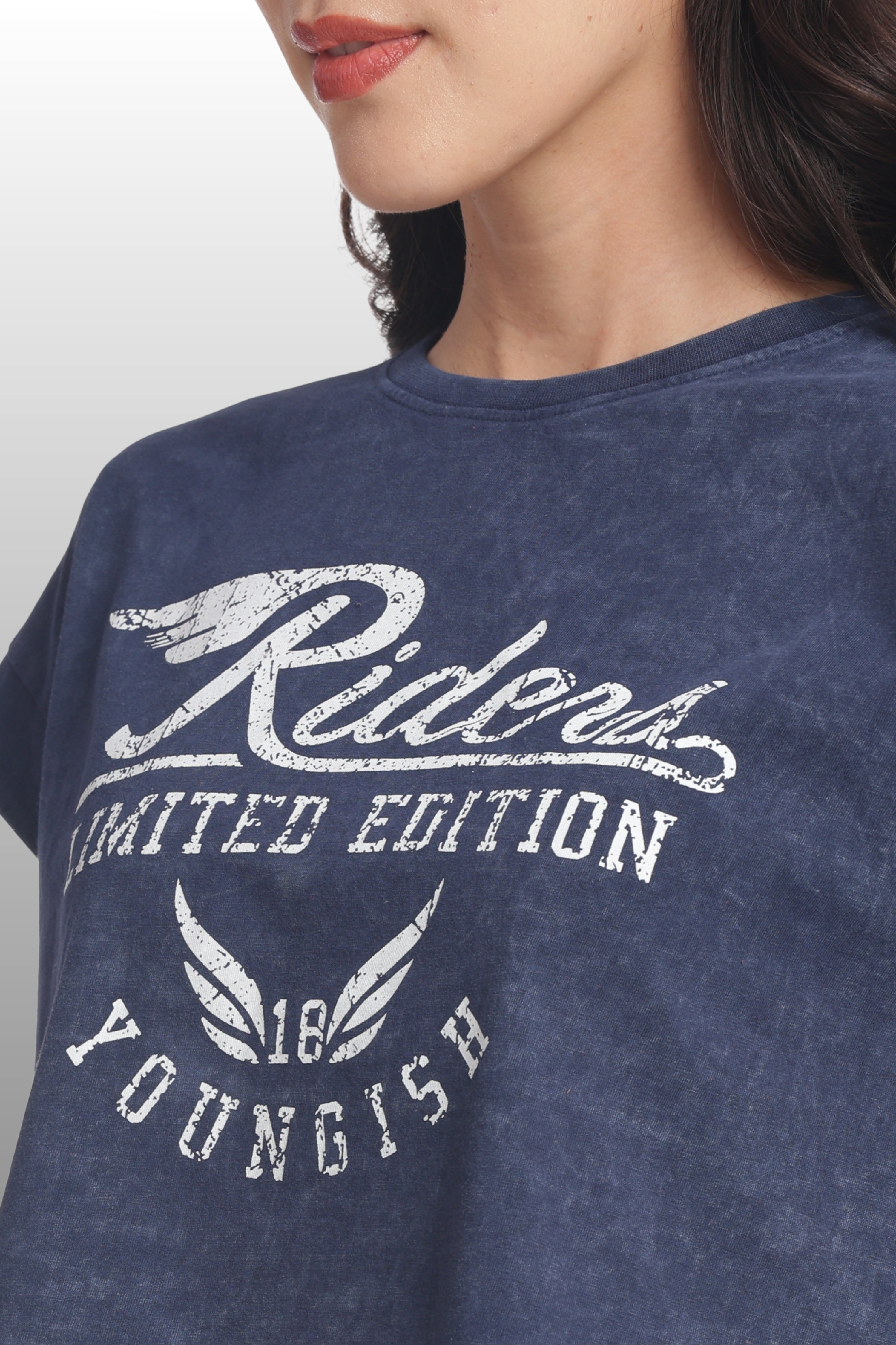 Womens Crop TOP Cotton Printed Tshirt - RIDERS NAVY