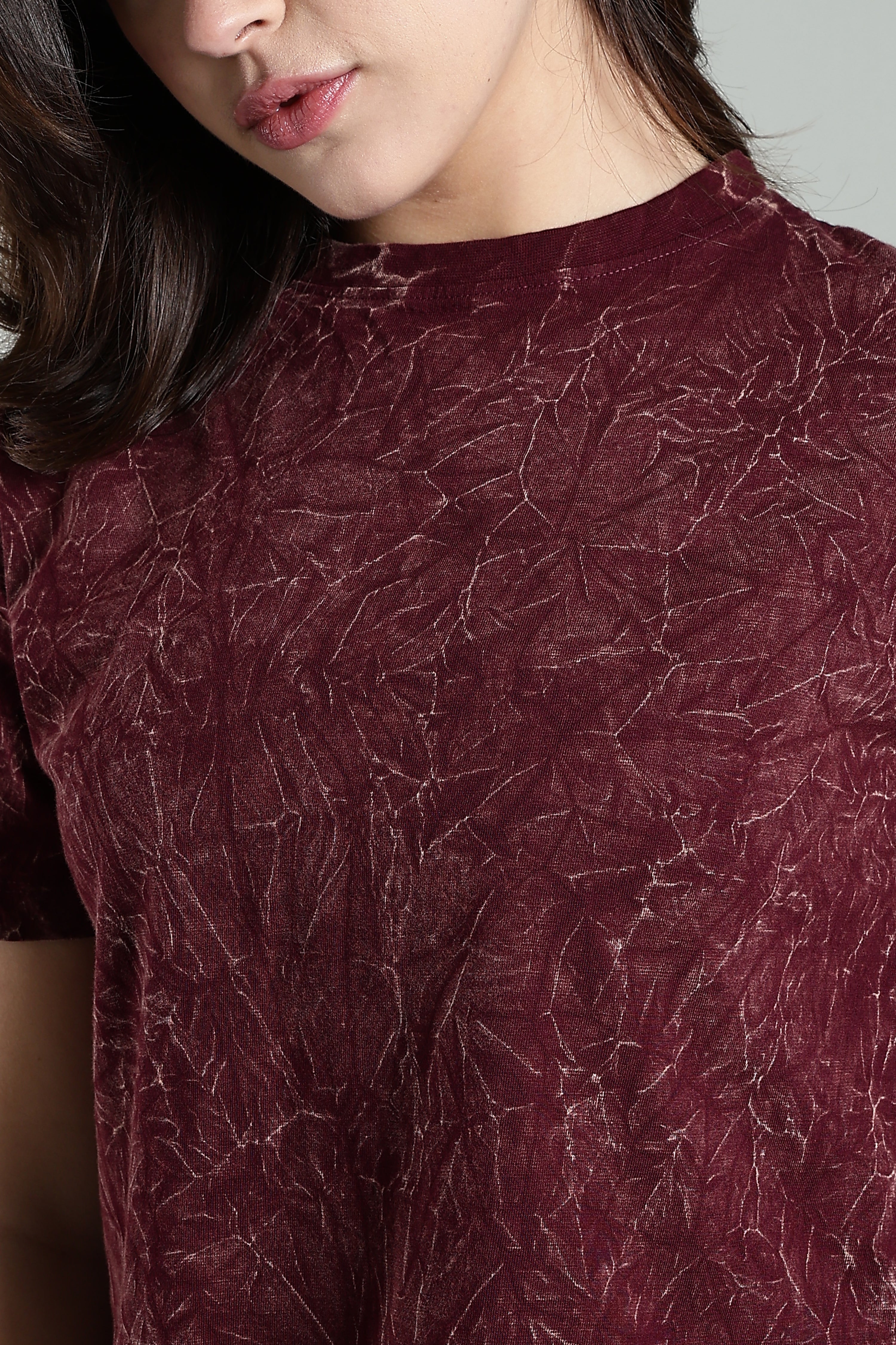 Womens Crop TOP Acid wash cotton Tshirt - WINE