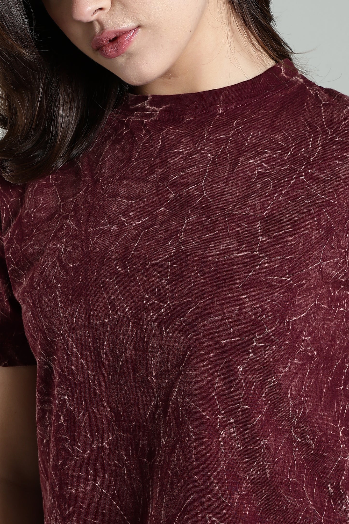 Womens Crop TOP Acid wash cotton Tshirt - WINE