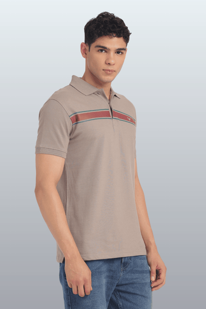 Men's Cotton Rich Polo T Shirt Regular Fit - BEIGE STRIPE PRINT