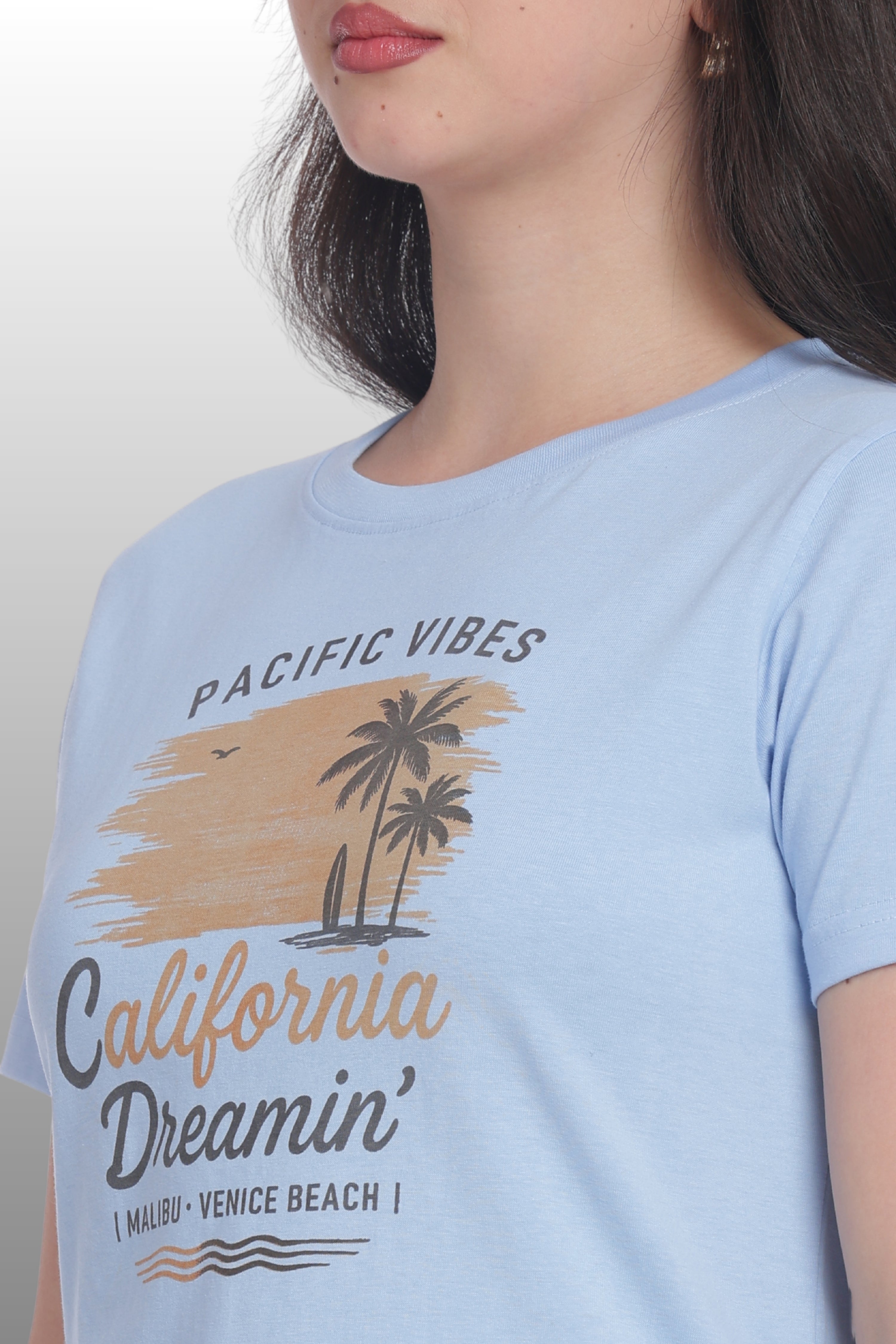 Womens Regular Fit Cotton Printed Tshirt - CALIFORNIA-LIGHT BLUE