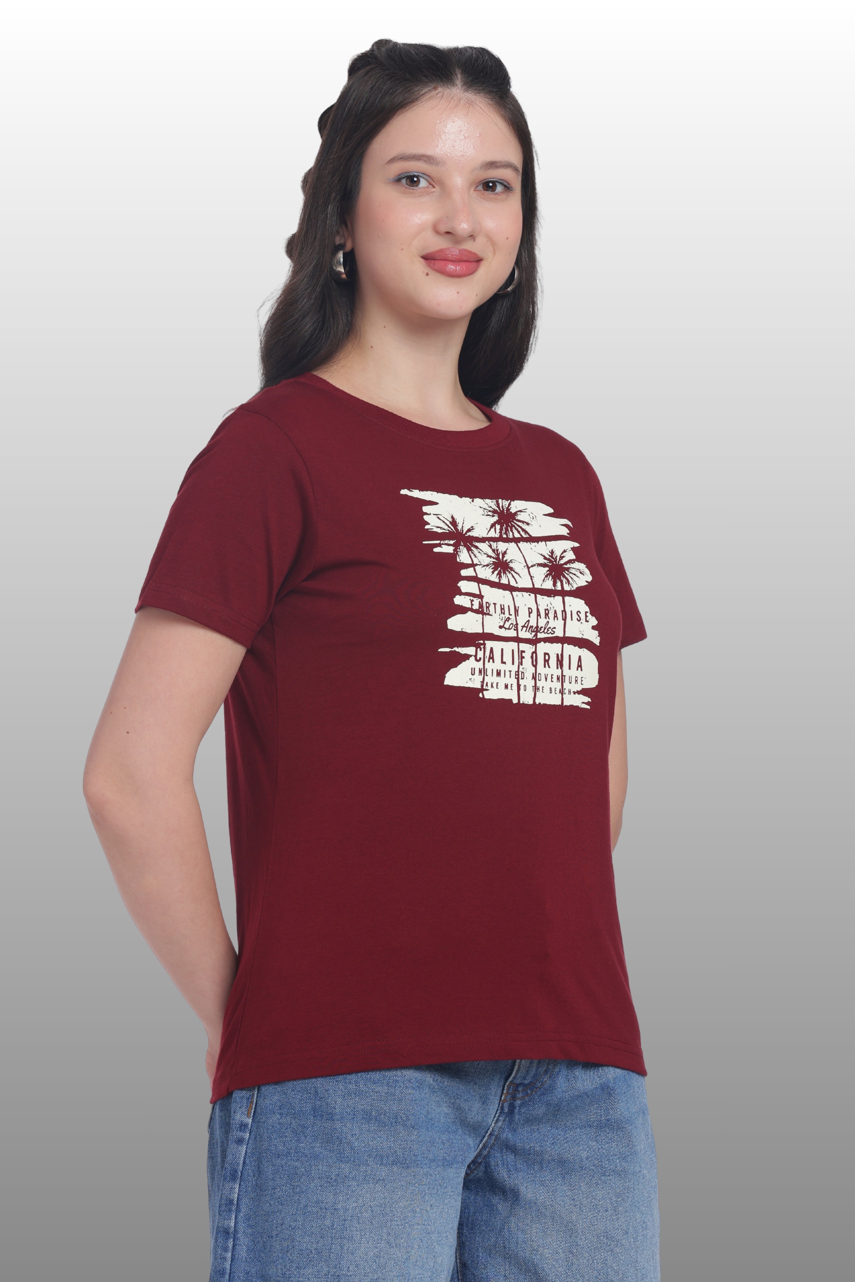 Womens Regular Fit Cotton Printed Tshirt - CALIFORNIA-MAROON