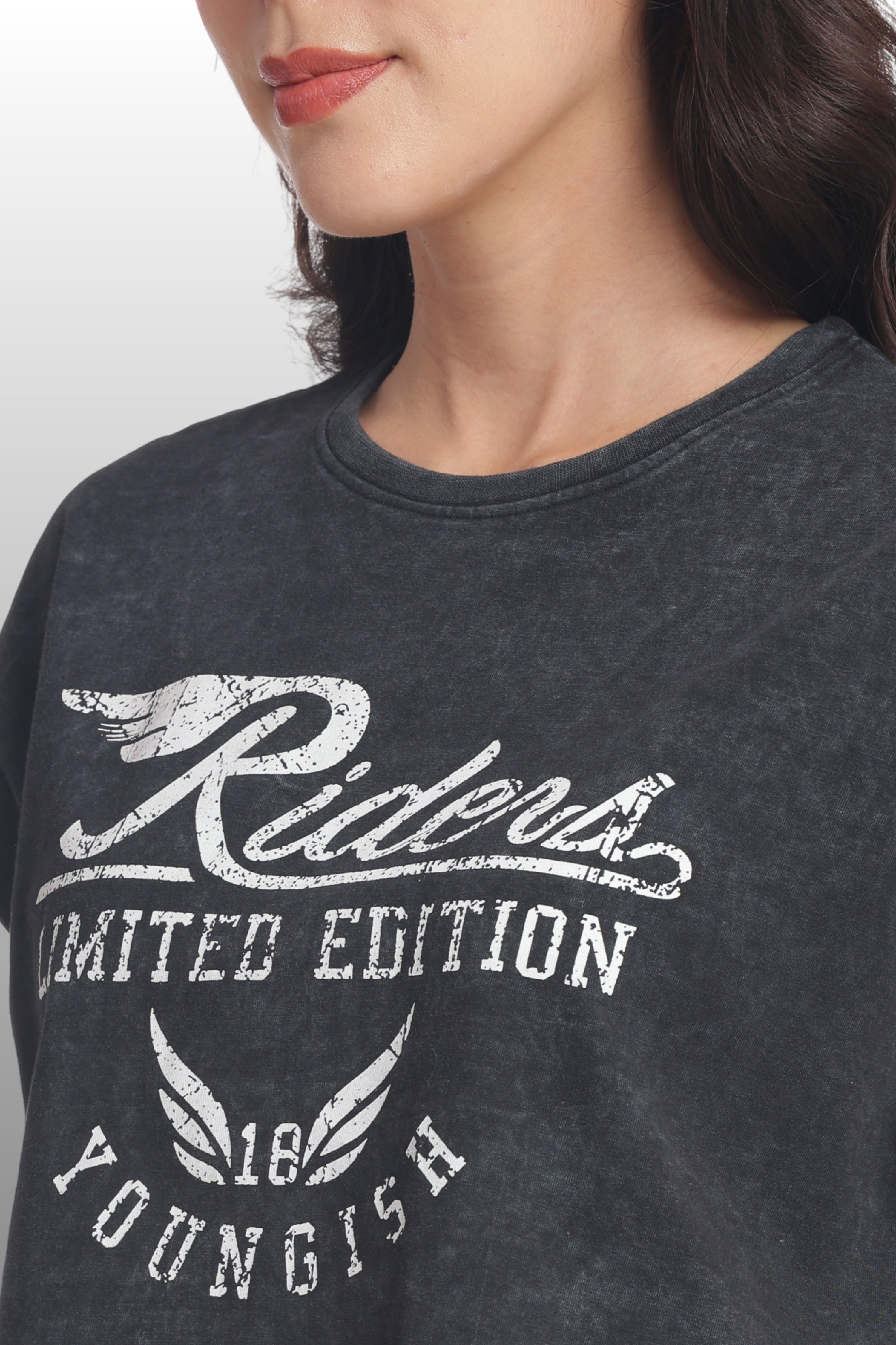 Womens Crop TOP Cotton Printed Tshirt - RIDERS BLACK