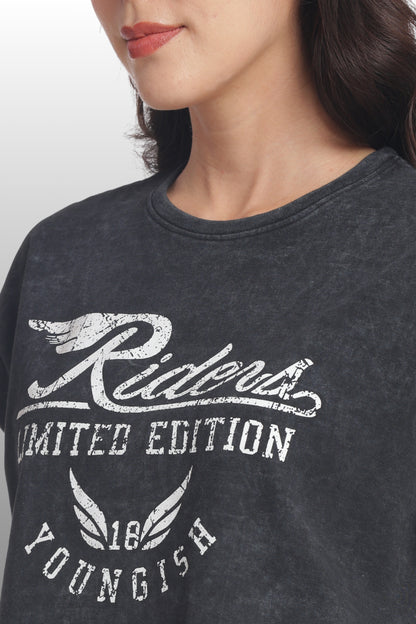 Womens Crop TOP Cotton Printed Tshirt - RIDERS BLACK