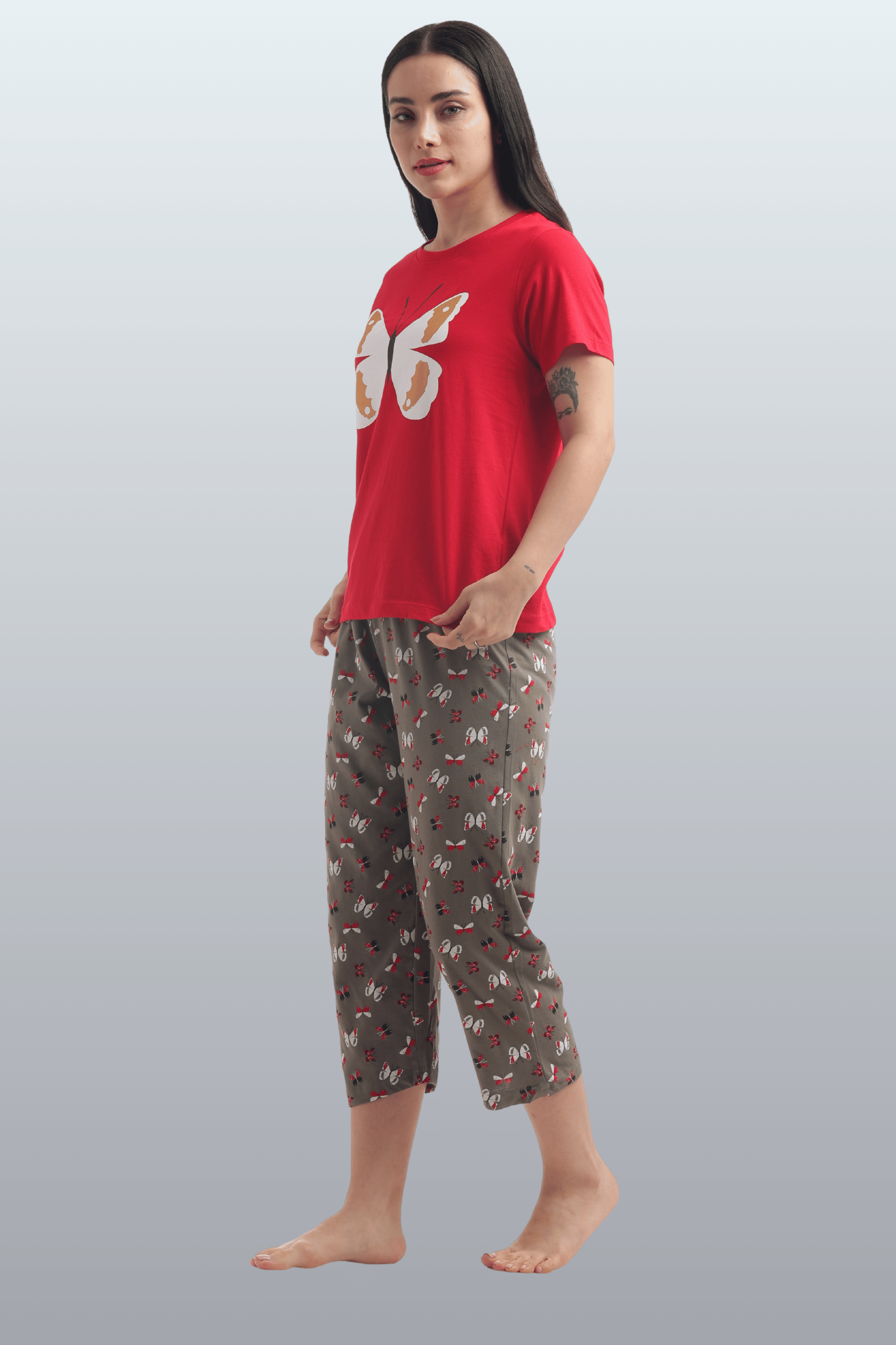 Women's Cotton Printed T-Shirt & Pajama Set | Comfortable Nightwear - BUTTERFLY