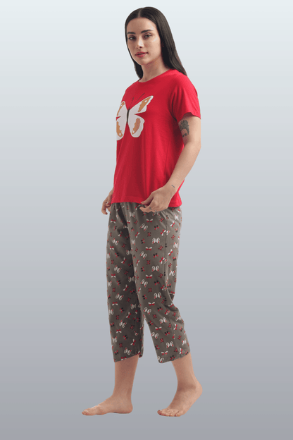 Women's Cotton Printed T-Shirt & Pajama Set | Comfortable Nightwear - BUTTERFLY