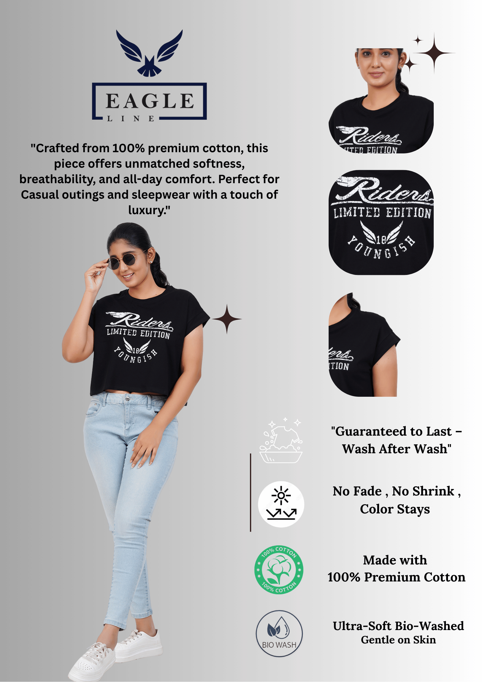 Womens Crop TOP Cotton Printed Tshirt - YOUNGISH BLACK
