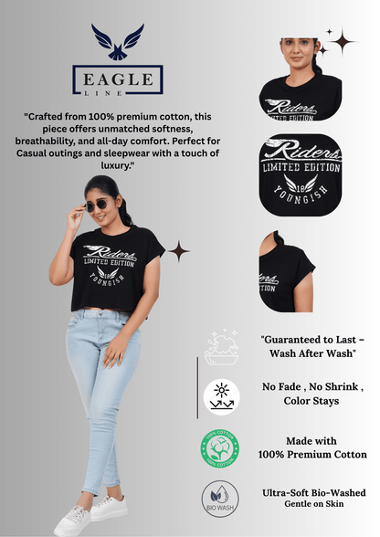 Womens Crop TOP Cotton Printed Tshirt - YOUNGISH BLACK