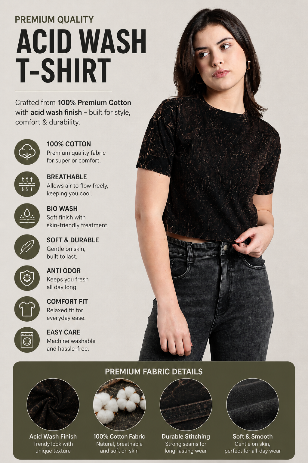 Womens Crop TOP Acid wash cotton Tshirt - Black