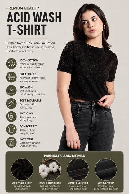 Womens Crop TOP Acid wash cotton Tshirt - Black