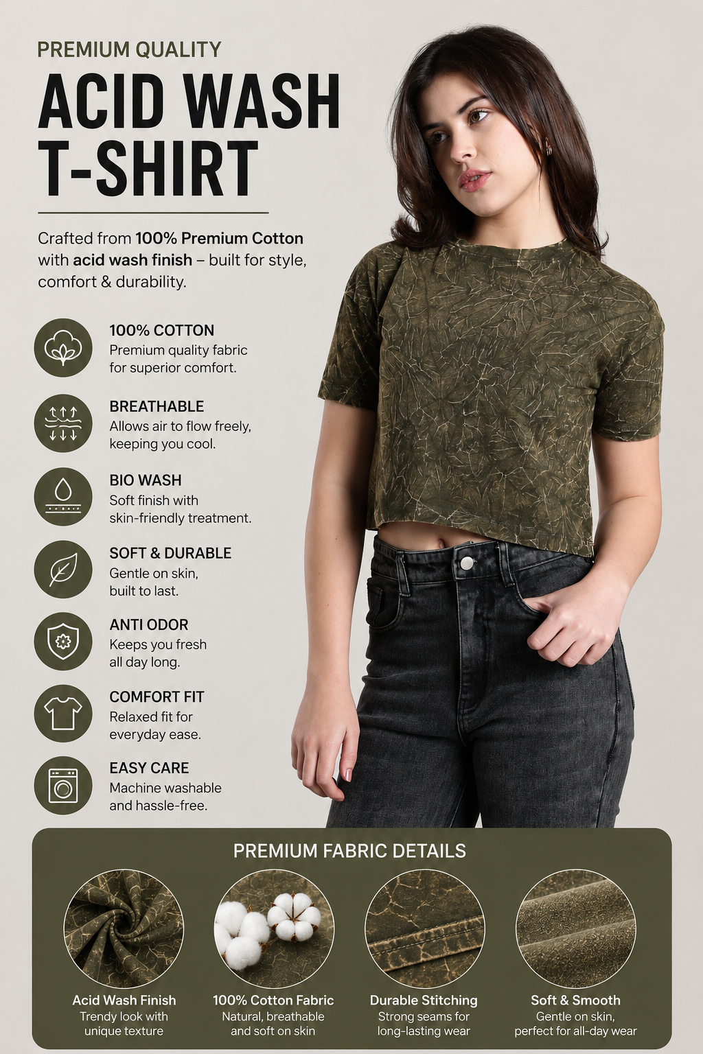 Womens Crop TOP Acid wash cotton Tshirt - Olive