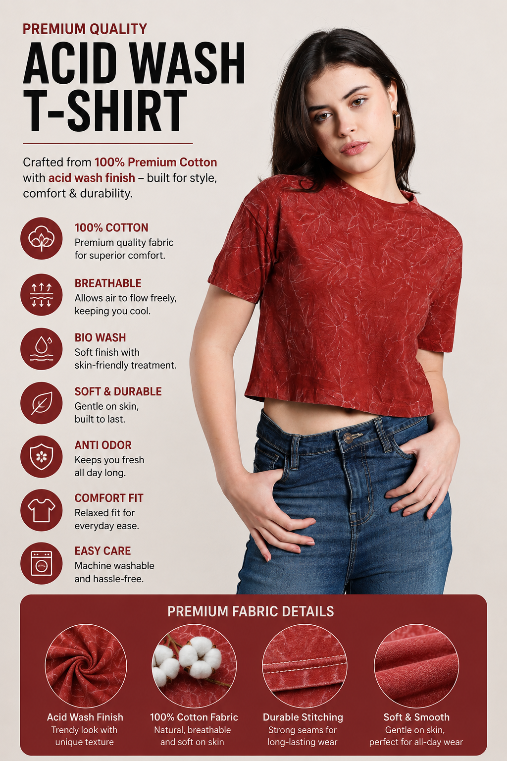 Womens Crop TOP Acid wash cotton Tshirt - RUST