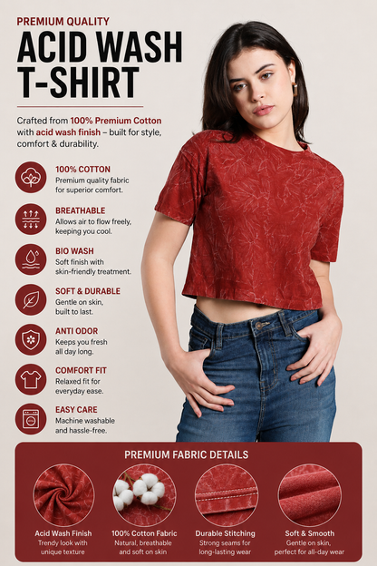 Womens Crop TOP Acid wash cotton Tshirt - RUST