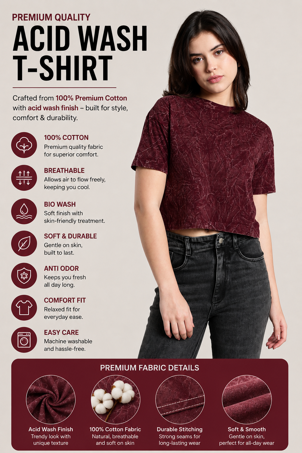 Womens Crop TOP Acid wash cotton Tshirt - WINE