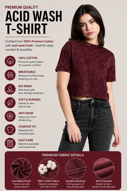 Womens Crop TOP Acid wash cotton Tshirt - WINE