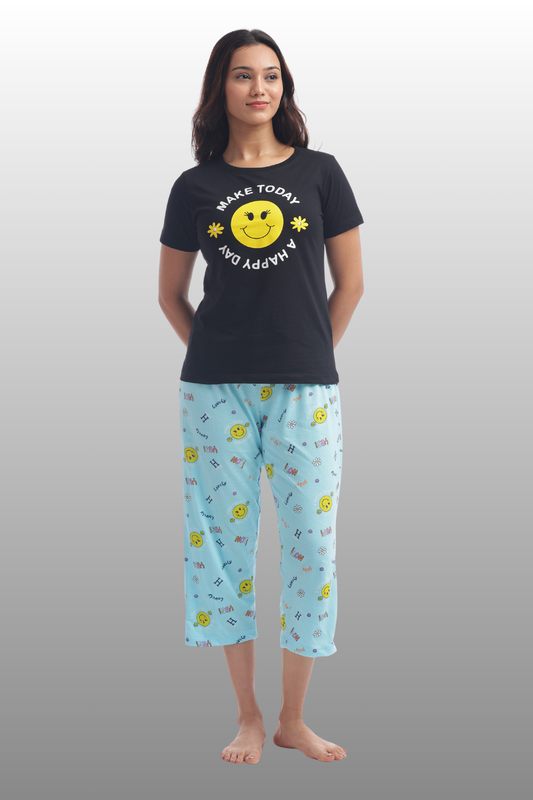 Women's Cotton Printed T-Shirt & Pajama Set | Comfortable Nightwear-EMOJI