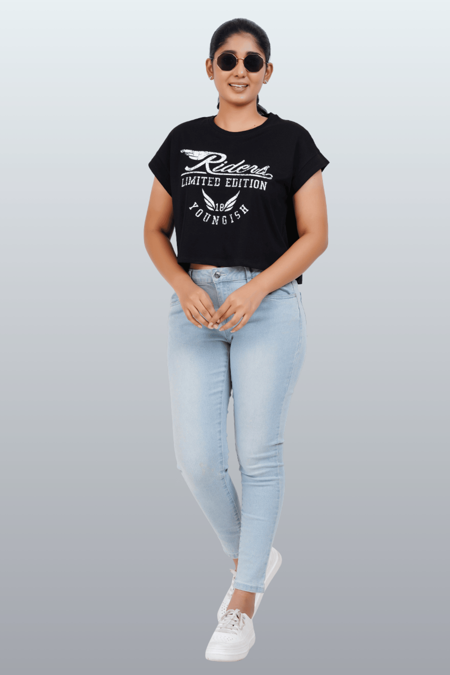 Womens Crop TOP Cotton Printed Tshirt - YOUNGISH BLACK