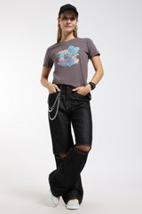 Womens Regular Fit Cotton Printed Tshirt - POSITIVE- CHARCOAL