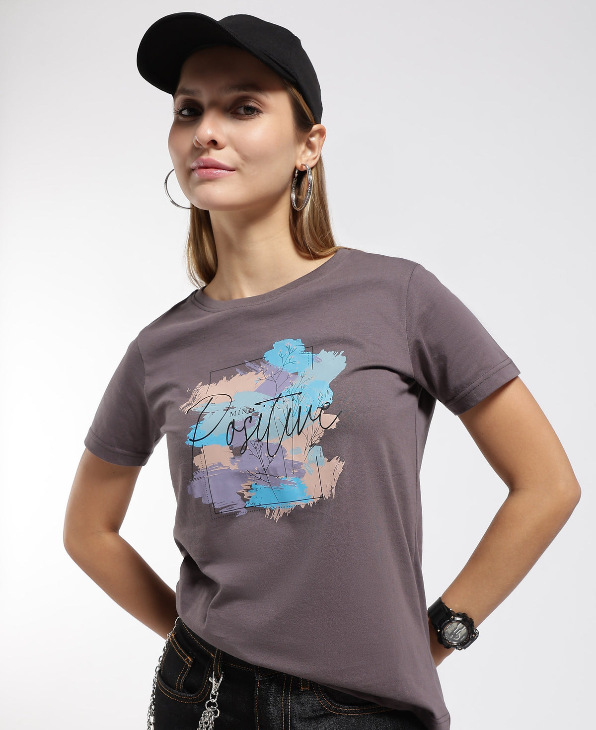 Womens Regular Fit Cotton Printed Tshirt - POSITIVE- CHARCOAL