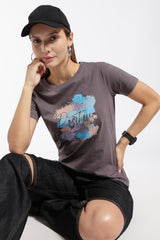 Womens Regular Fit Cotton Printed Tshirt - POSITIVE- CHARCOAL
